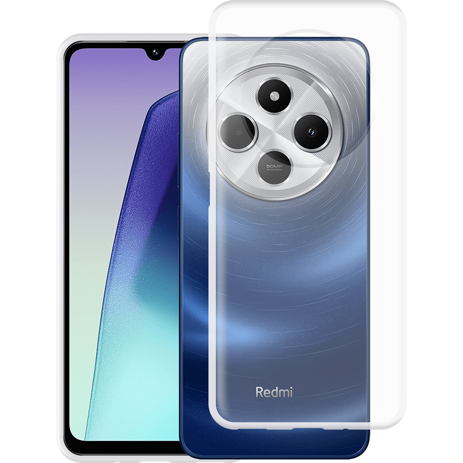 Redmi telefoon, voor- en achteraanzicht, met beschermhoes.