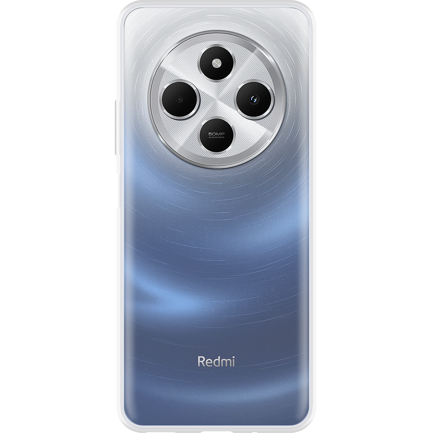 De achterkant van een Redmi-telefoon met een cirkelvormige camera-opstelling, met een blauw-witte gradient.