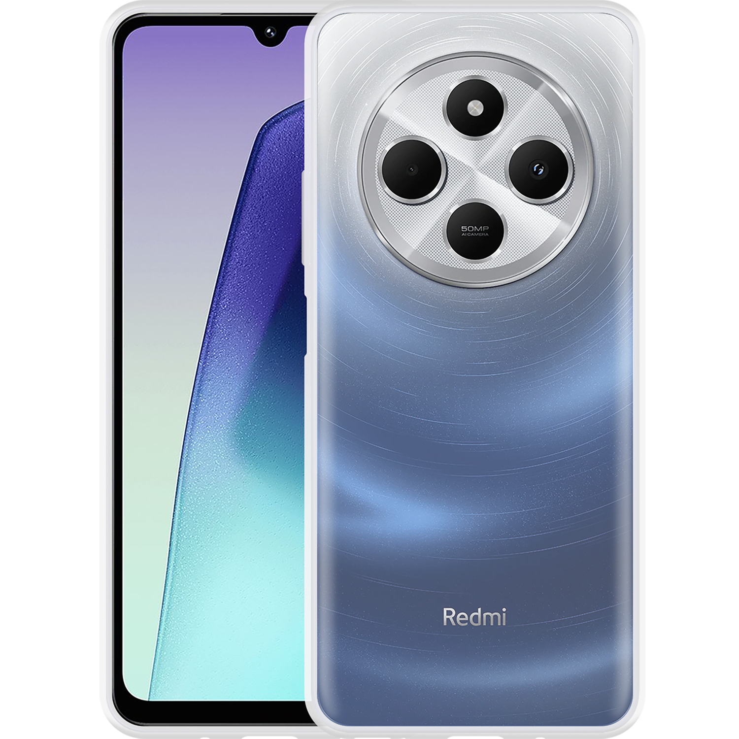 Redmi telefoon in een hoesje, achterkant zichtbaar. Zilveren cirkeldesign met blauwe gradiënt.