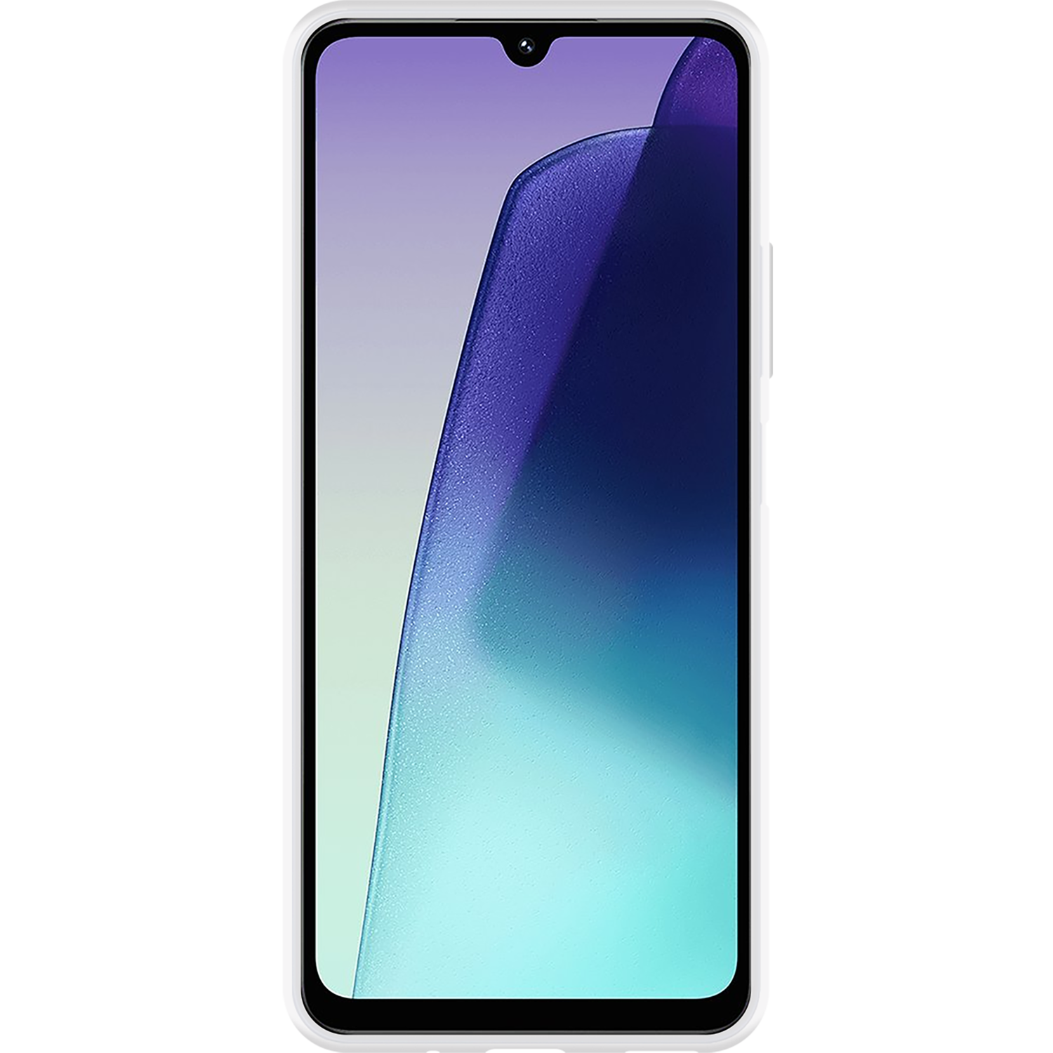 Een smartphone met een wit frame en een scherm met een blauwe en paarse gradiënt achtergrond. De telefoon staat uit.