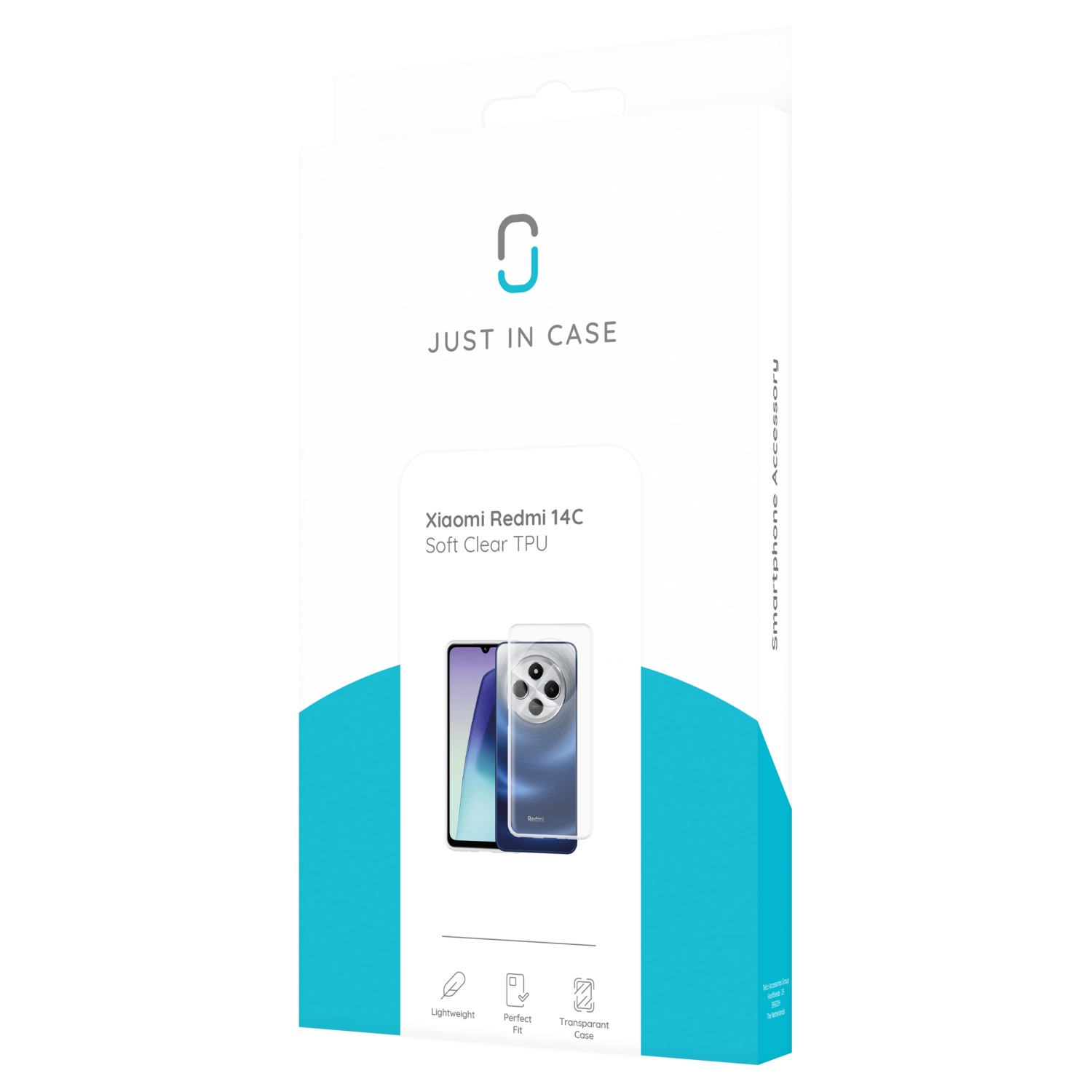Een telefoonhoesjesdoos met het label 'JUST IN CASE'. De doos toont een telefoon met een transparante hoes.