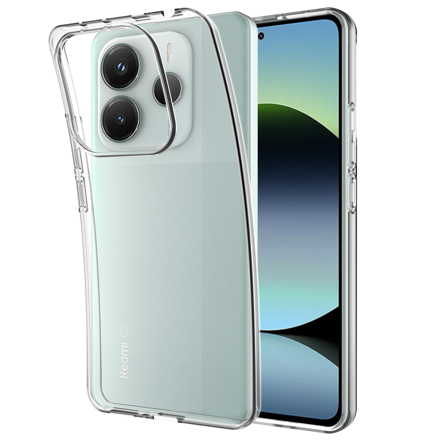 Smartphone in een transparante hoes. Hoes is transparant, telefoon is mintgroen. Camera-opstelling zichtbaar.