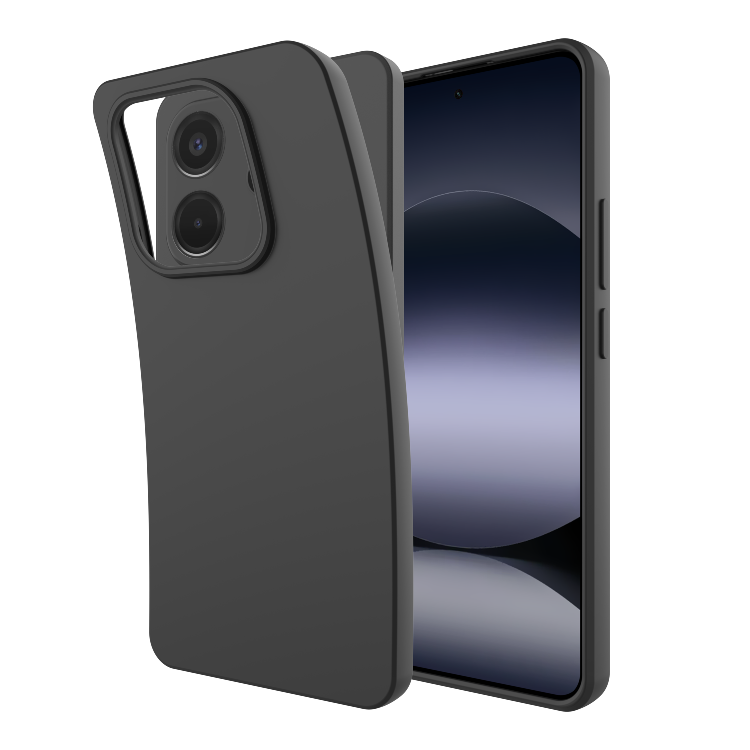 Een zwarte telefoonhoes met een camera-uitsparing en een telefoon. De hoes is apart, naast de telefoon.
