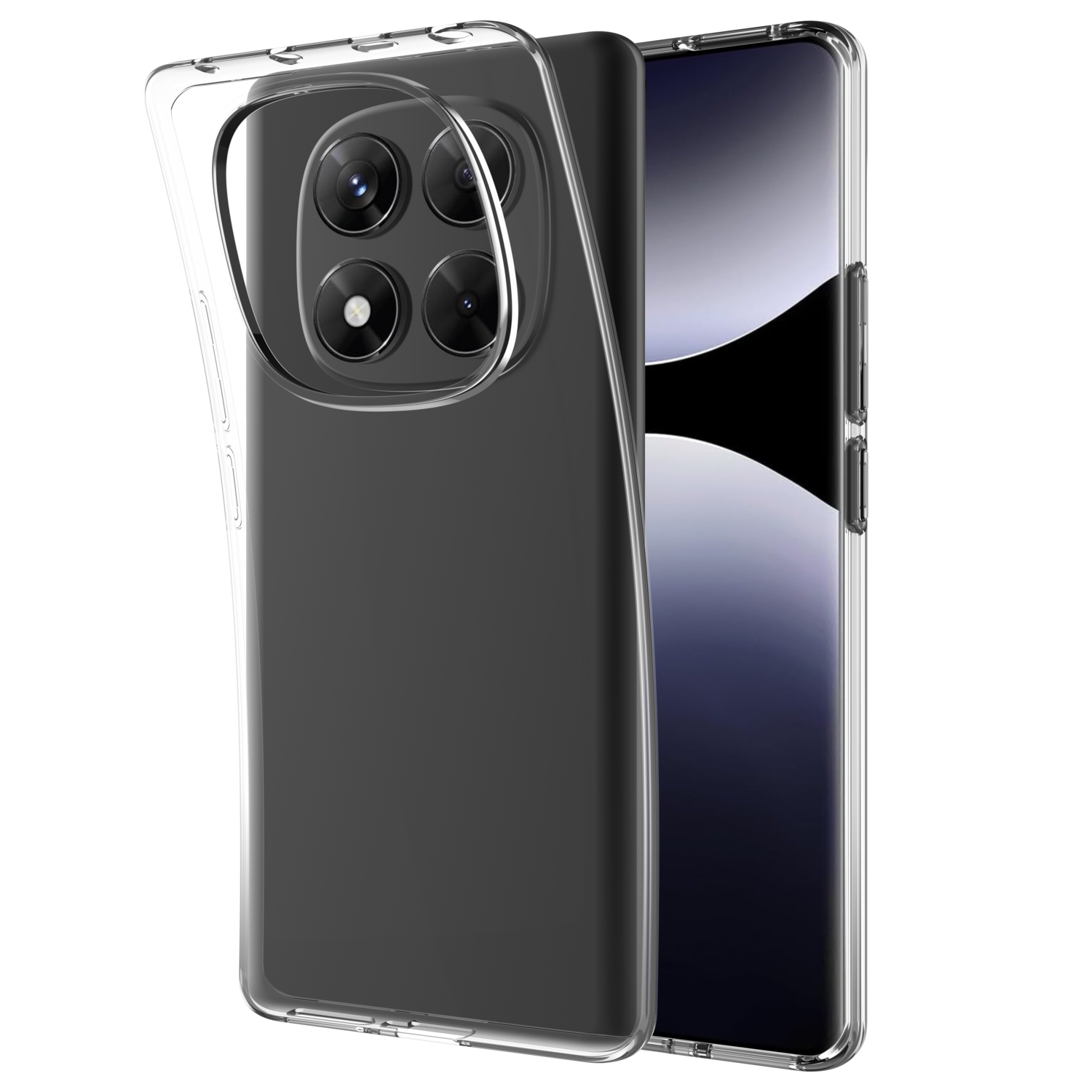 Een doorzichtige beschermhoes voor de telefoon op een zwarte telefoon. De telefoon heeft vier camera's aan de achterkant.