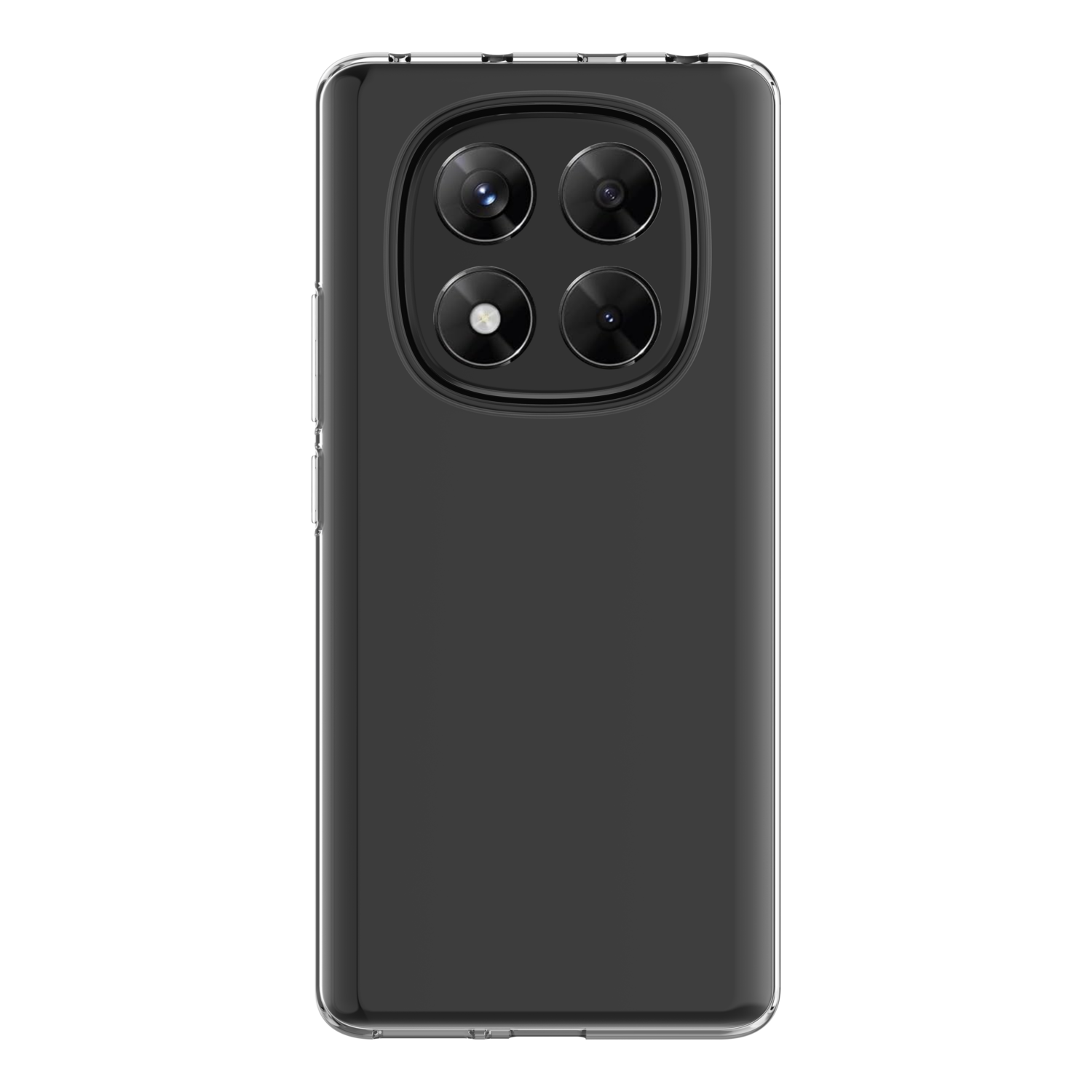 Een zwarte smartphone met een doorzichtige hoes. De achterkant heeft een multi-lens camerasysteem. De achtergrond is effen zwart.