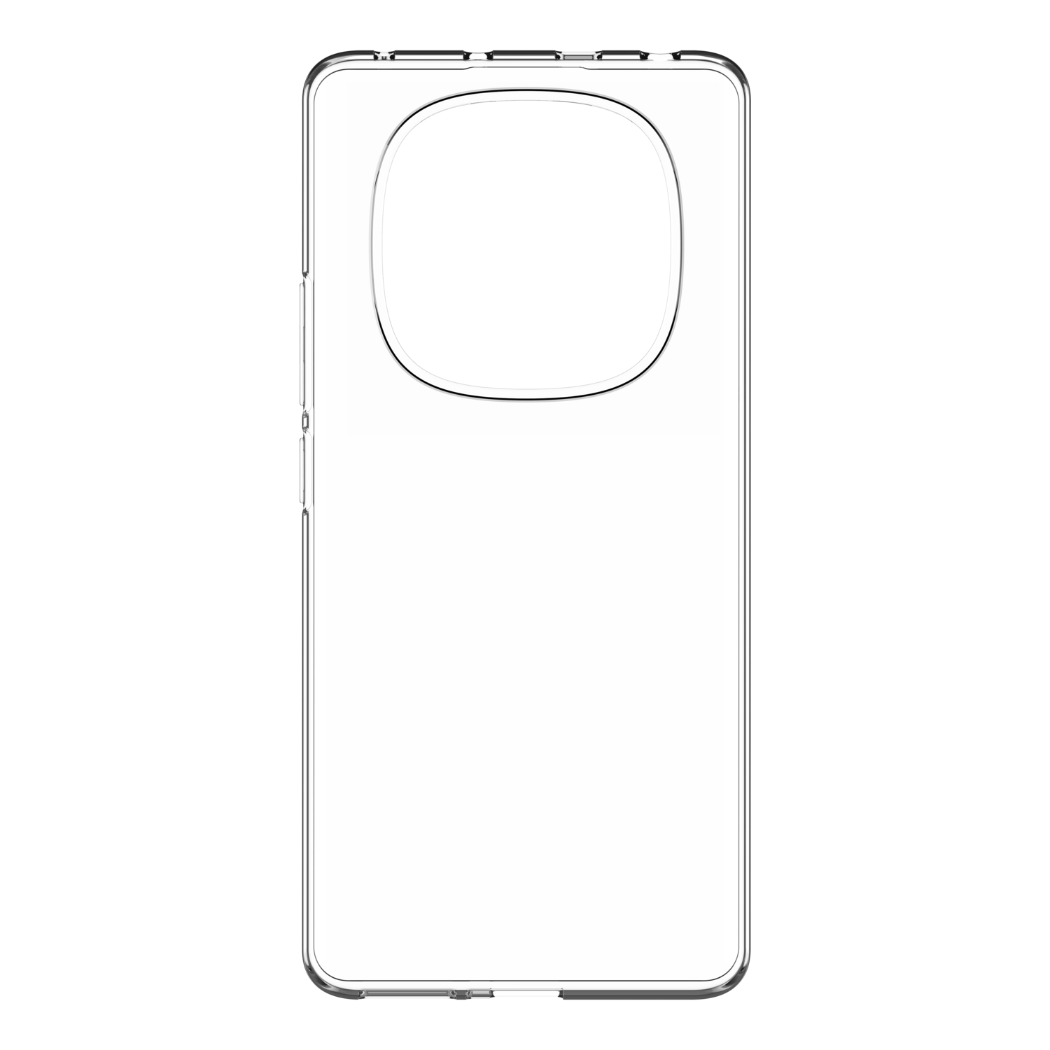 Transparante telefoonhoes met zwart camera-gedeelte op zwarte achtergrond.