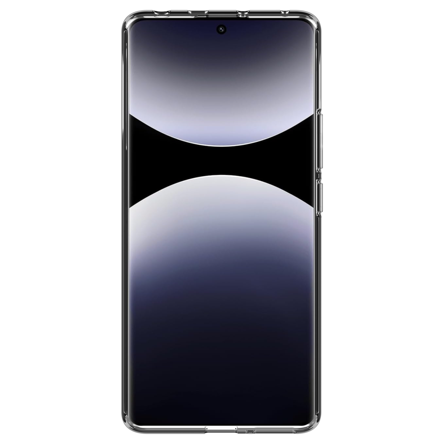 Een zwart scherm van een telefoon met een doorzichtige hoes. Er is een gebogen ontwerp op het scherm.