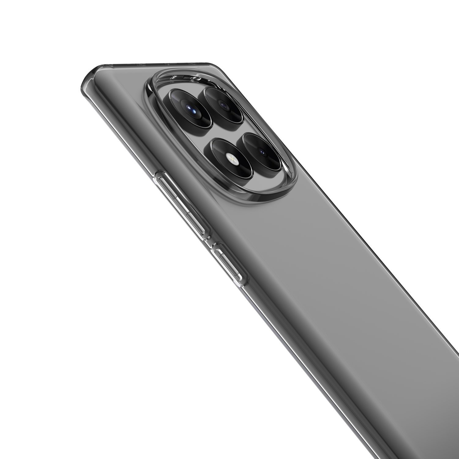 Close-up van de achterkant van een telefoon met een transparante hoes. De telefoon heeft meerdere camera's.