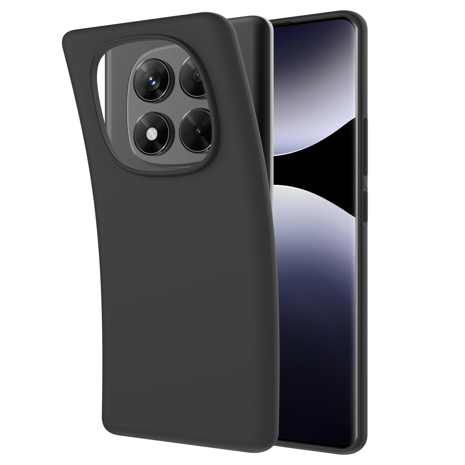 Een zwarte telefoonhoes op een zwarte telefoon. De telefoon heeft vier camera's aan de achterkant.