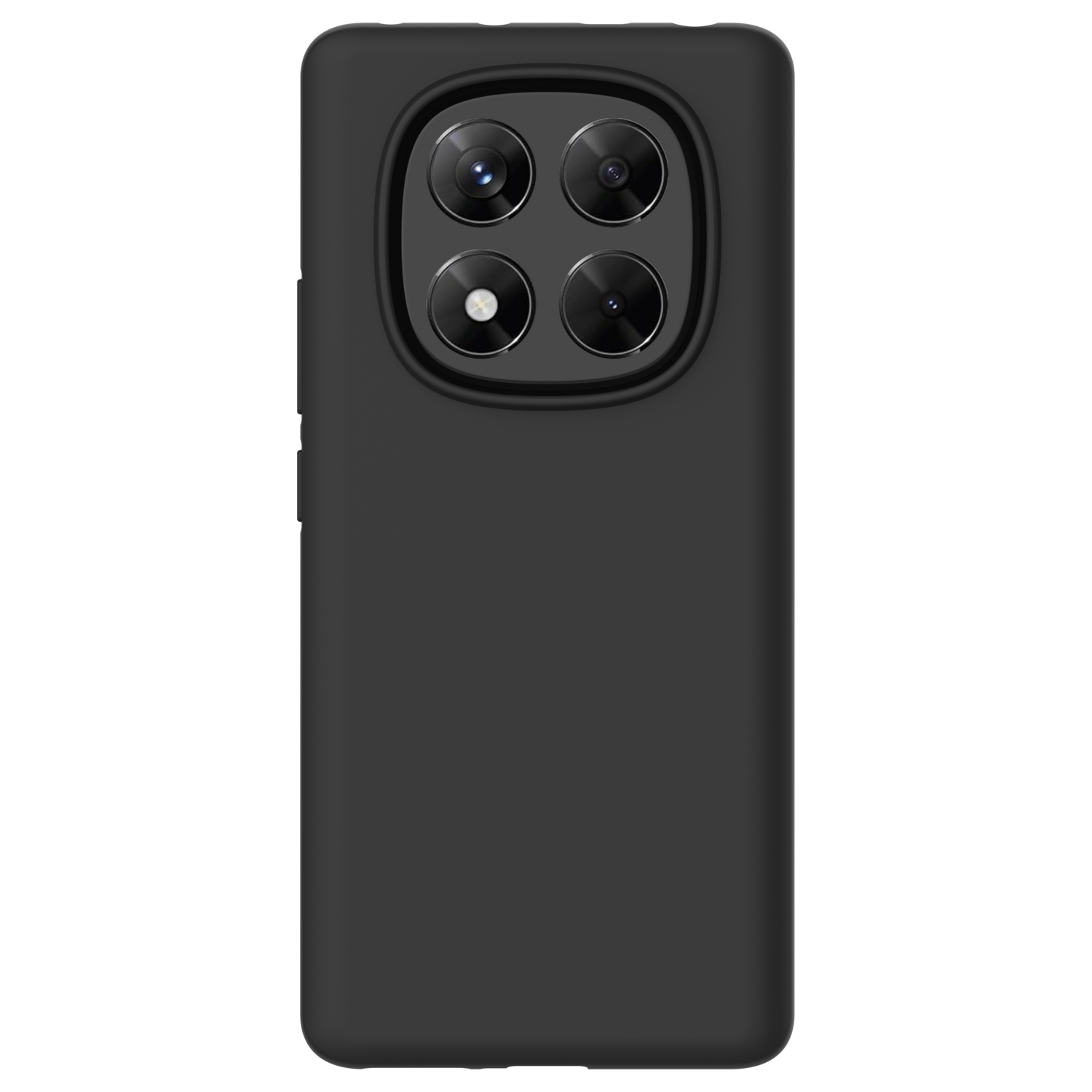 Zwarte telefoonhoes met vier cameralenzen op een zwarte achtergrond.