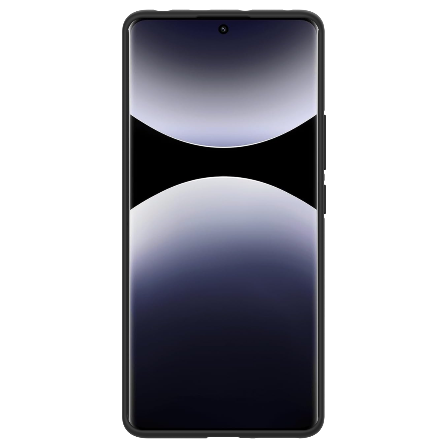 Een zwarte smartphone. Het scherm toont een donkere achtergrond met een gebogen wit en grijs ontwerp.