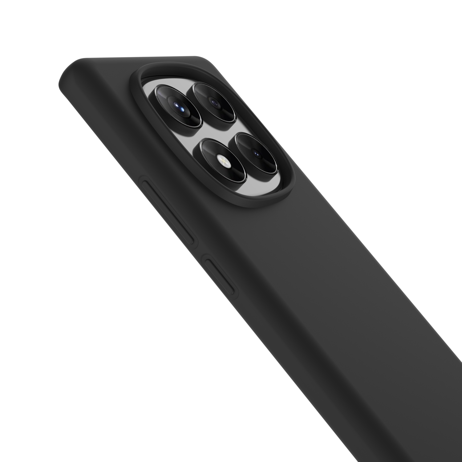 Close-up van een zwarte telefoonhoes met vier cameralenzen. De hoes staat op een zwarte achtergrond.