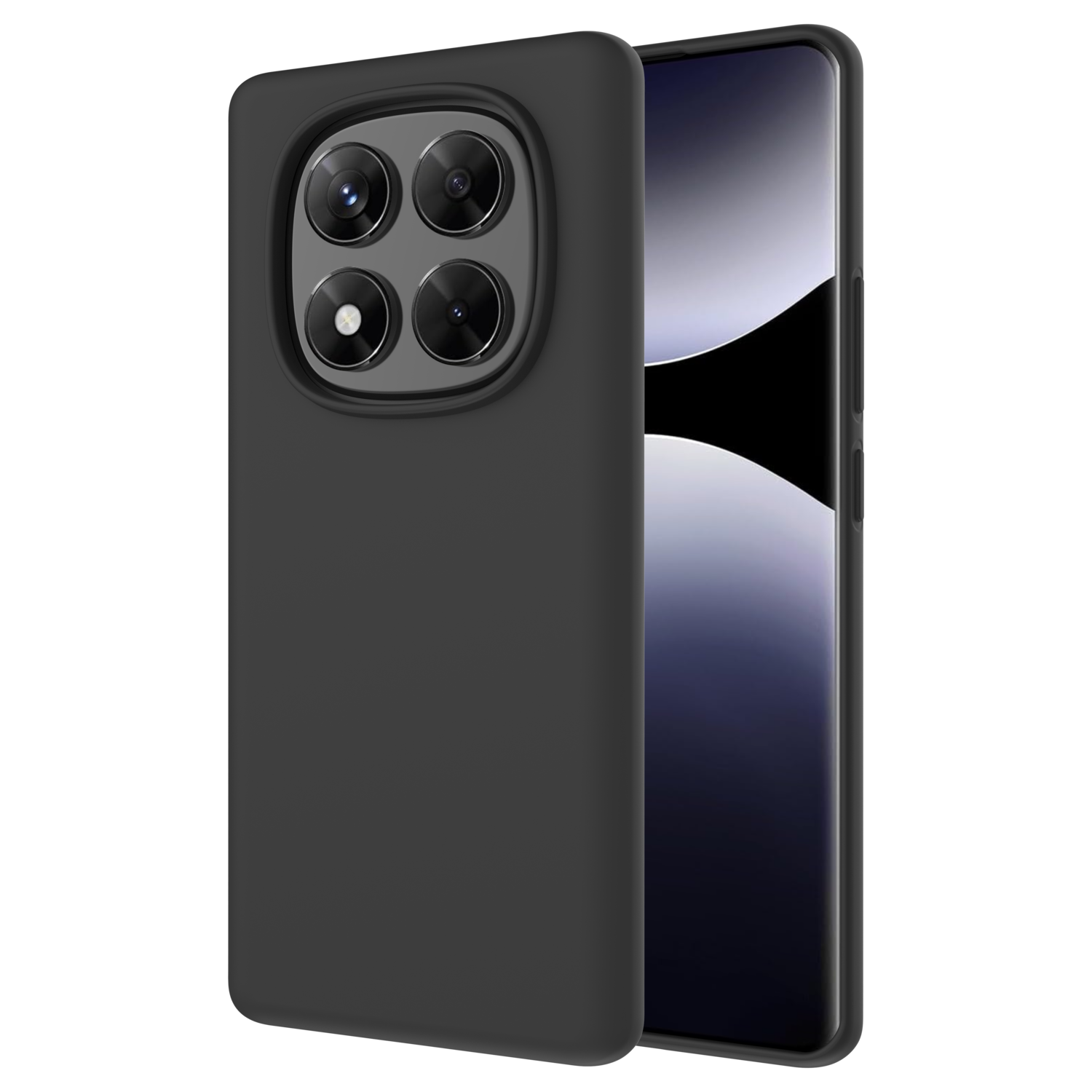 Zwarte telefoon in een zwarte hoes, met meerdere camera's.