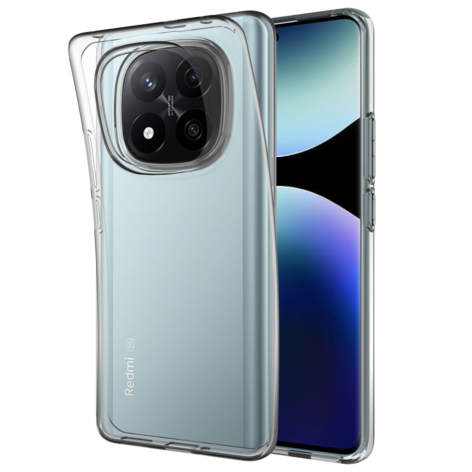 Een lichtblauwe telefoon met een doorzichtige hoes. De achterkant heeft 3 camera's.