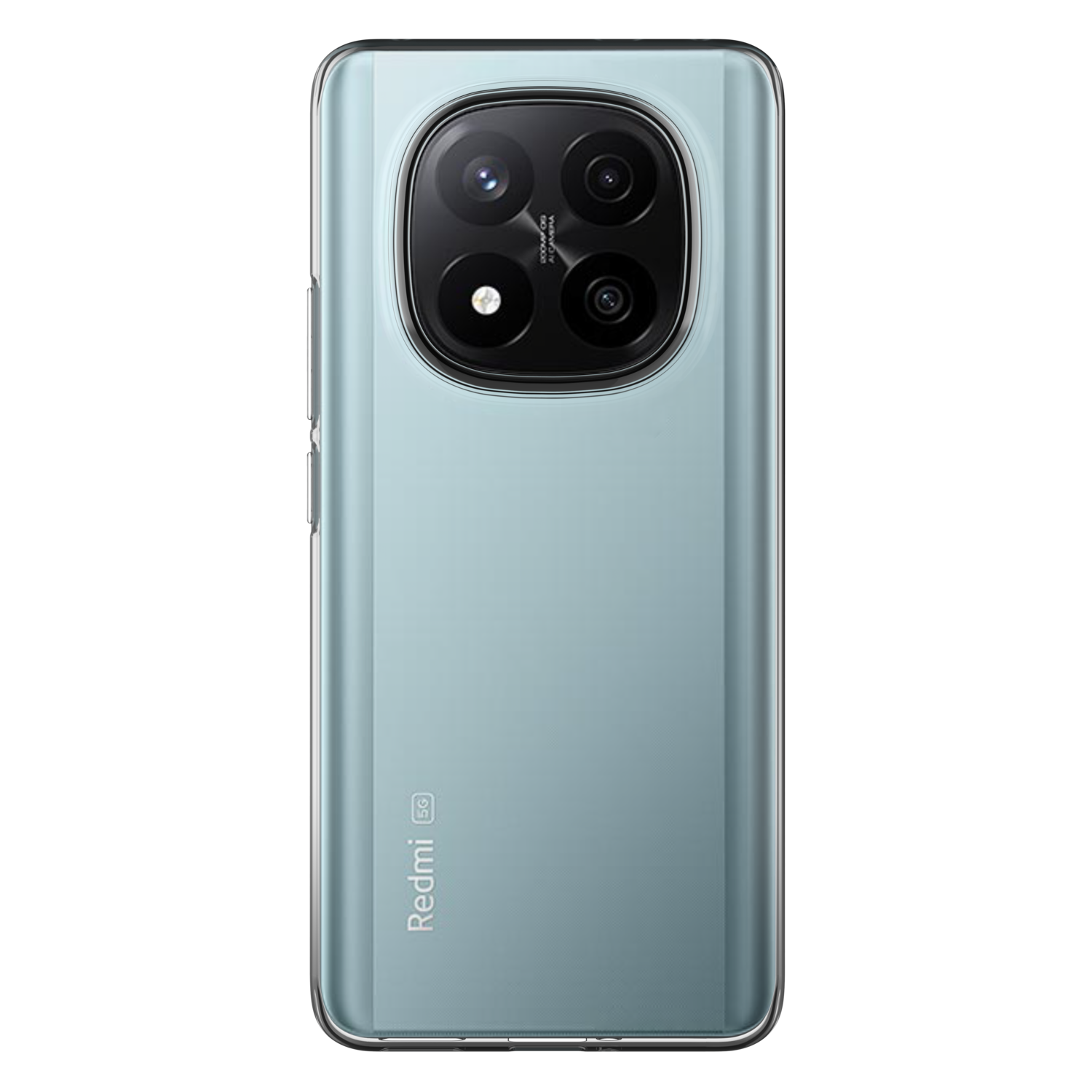 Een smartphone met een lichtblauwe achterkant en een grote cameramodule.