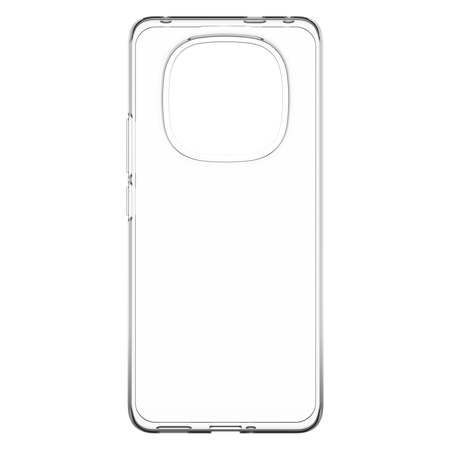 Transparante telefoonhoes, met camera-uitsparing. Zwarte achtergrond.