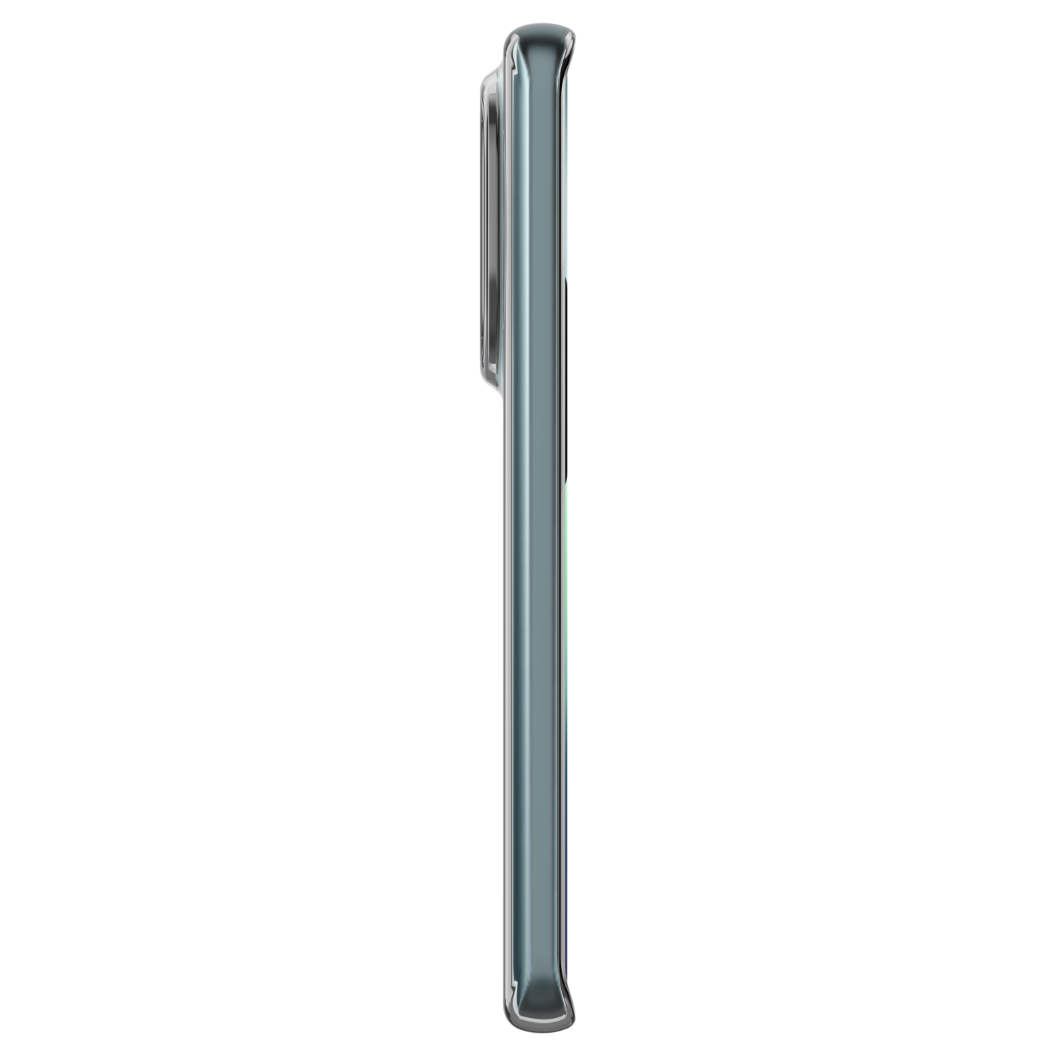 Zijaanzicht van een blauwgroene telefoon met een transparante hoes, met de camerabult, op een zwarte achtergrond.
