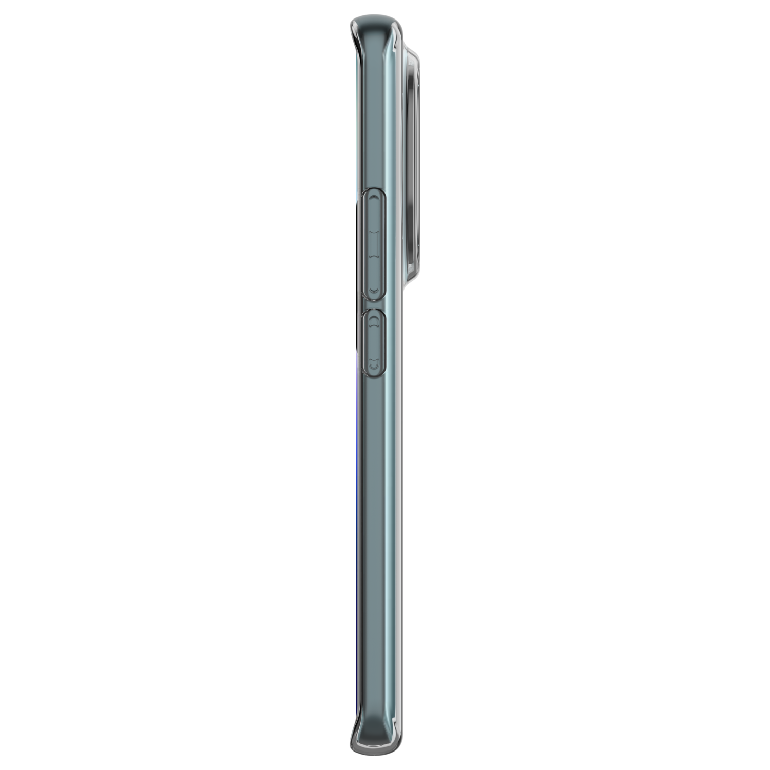 Zijaanzicht van een doorzichtige telefoonhoes met knoppen.