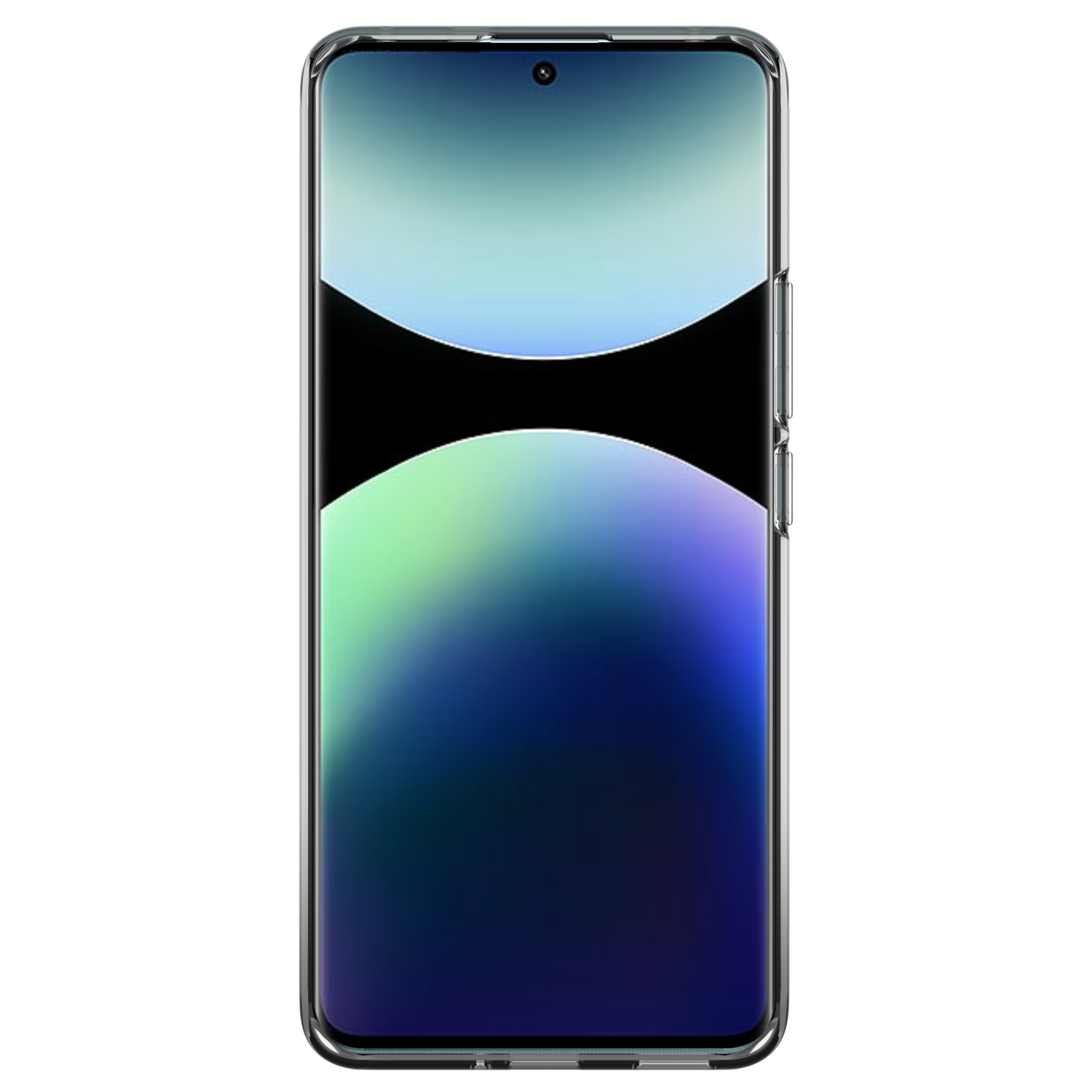 Een telefoon van voren, het scherm toont een kleurrijke abstracte achtergrond met een punch-hole camera.