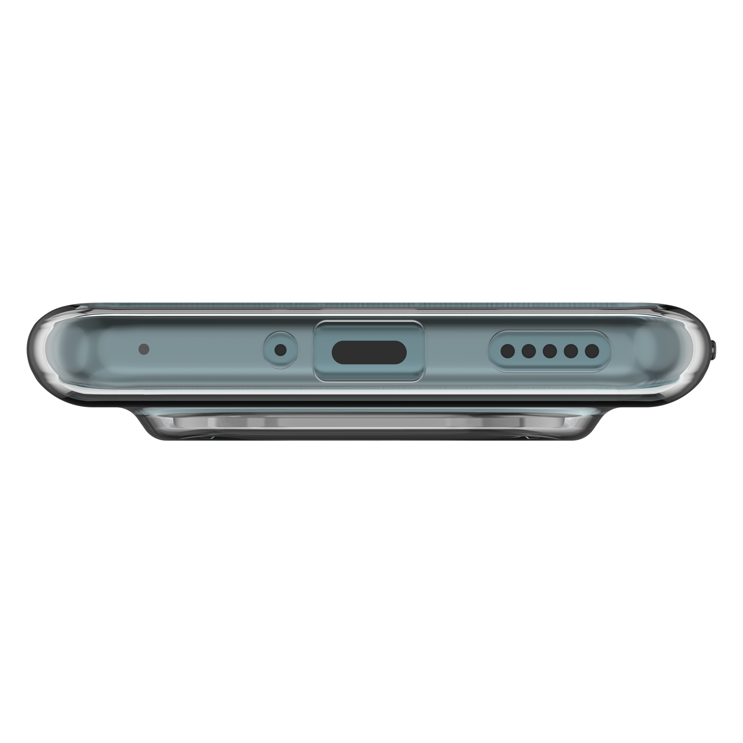 Een gedetailleerd beeld van de onderkant van een telefoon met poorten en een metalen frame.
