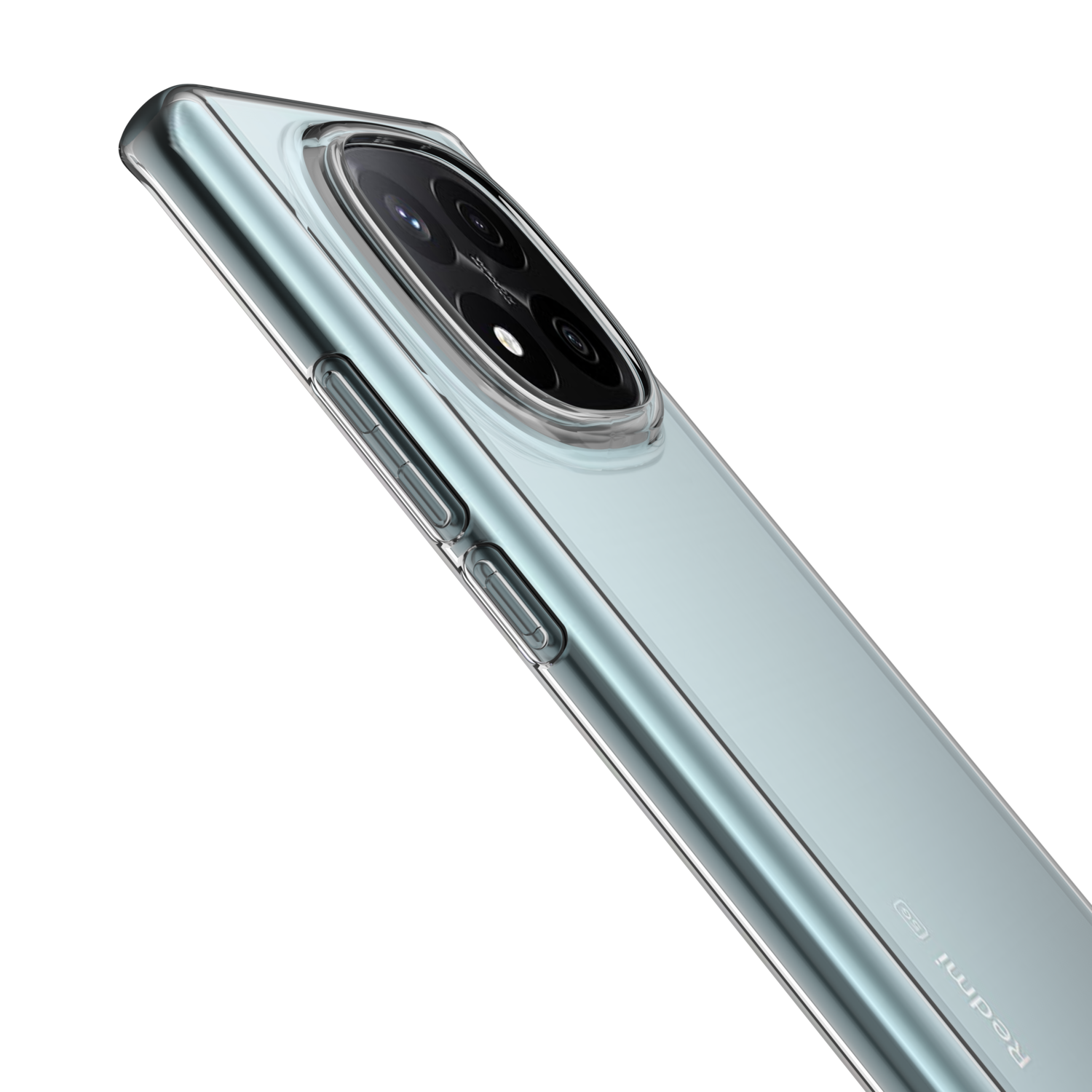 Blauwe telefoon met cameralens en transparante hoes.
