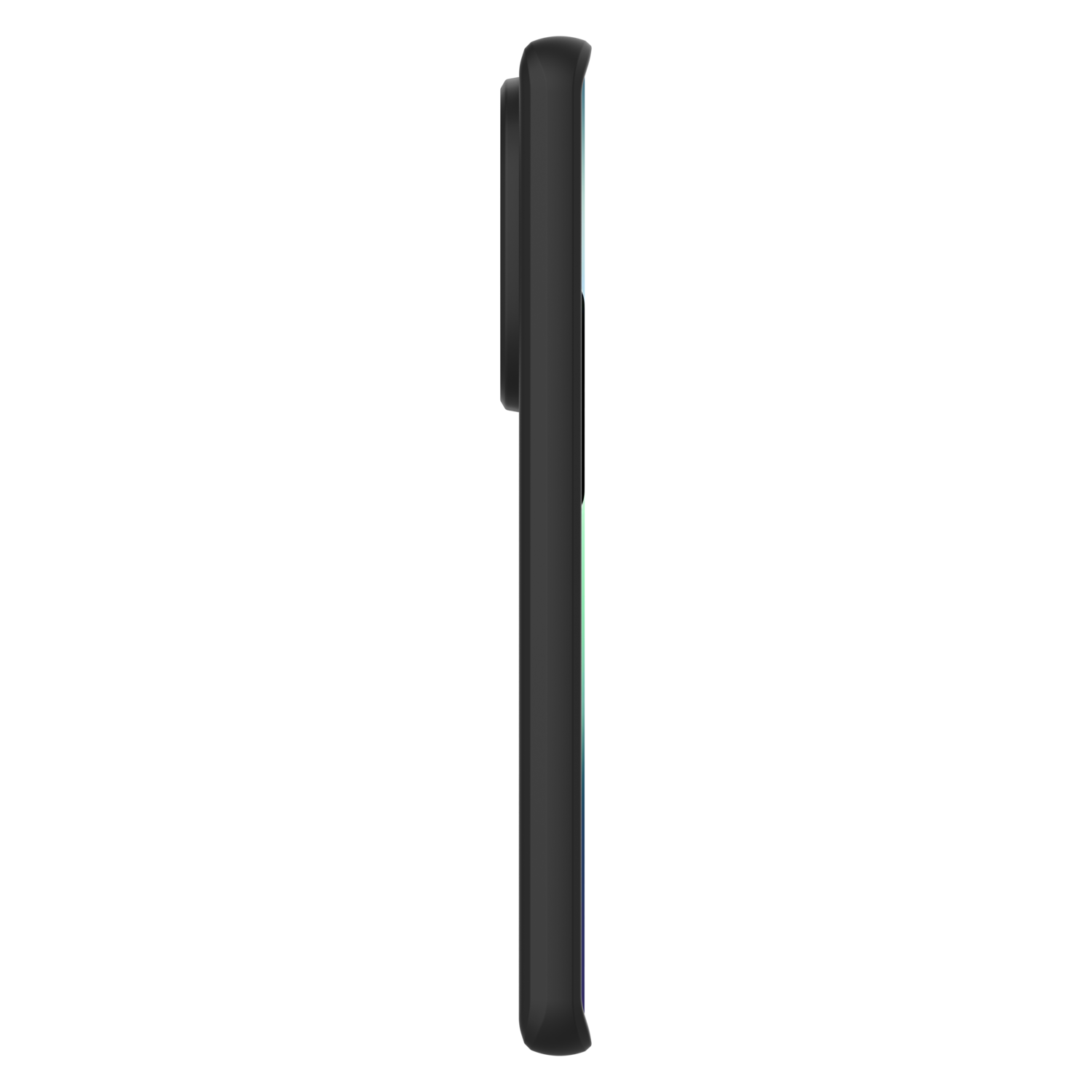 Zwarte telefoon van de zijkant, met scherm aan.
