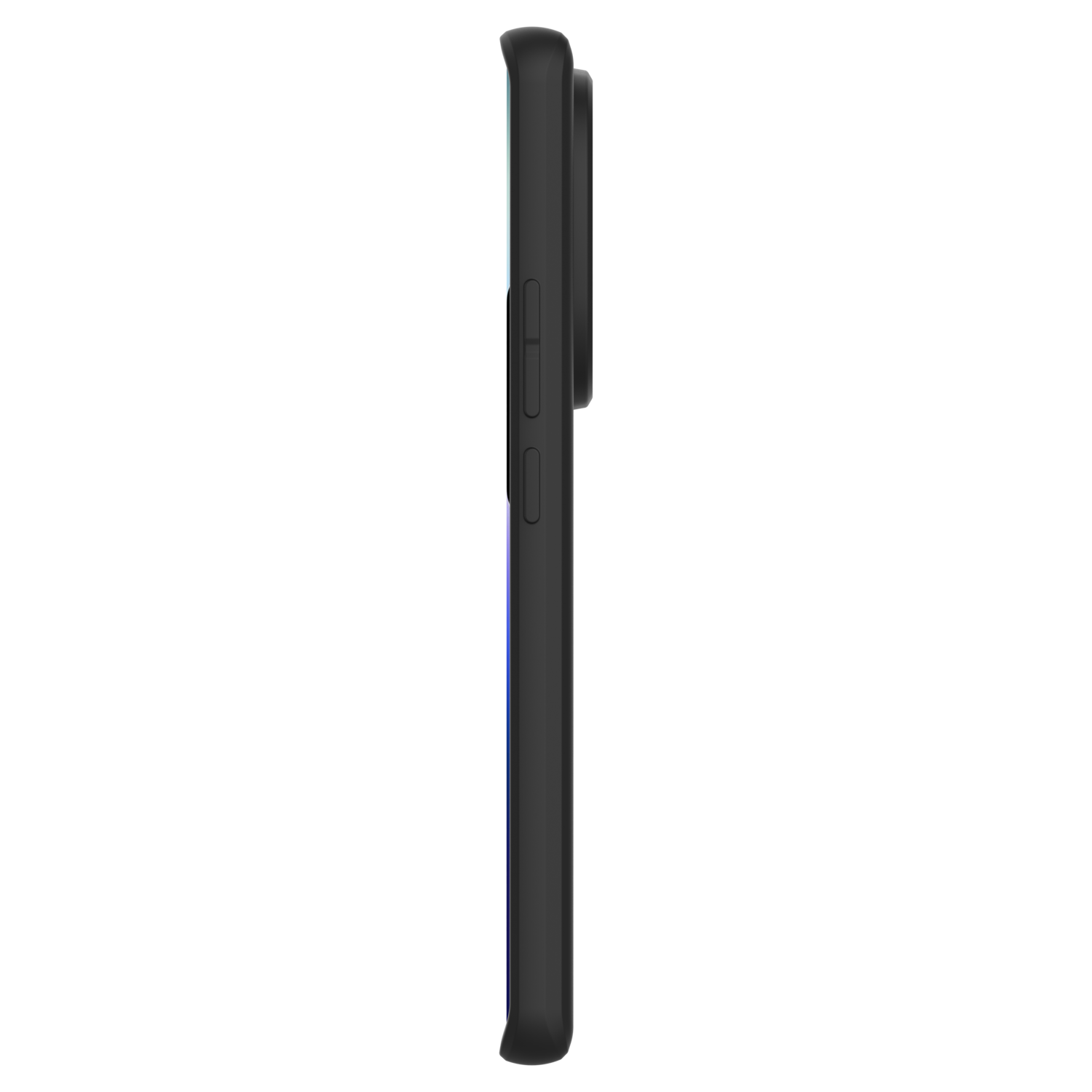 Zijaanzicht van een zwarte smartphone met een camerabult en knoppen aan de zijkant, alles tegen een zwarte achtergrond.