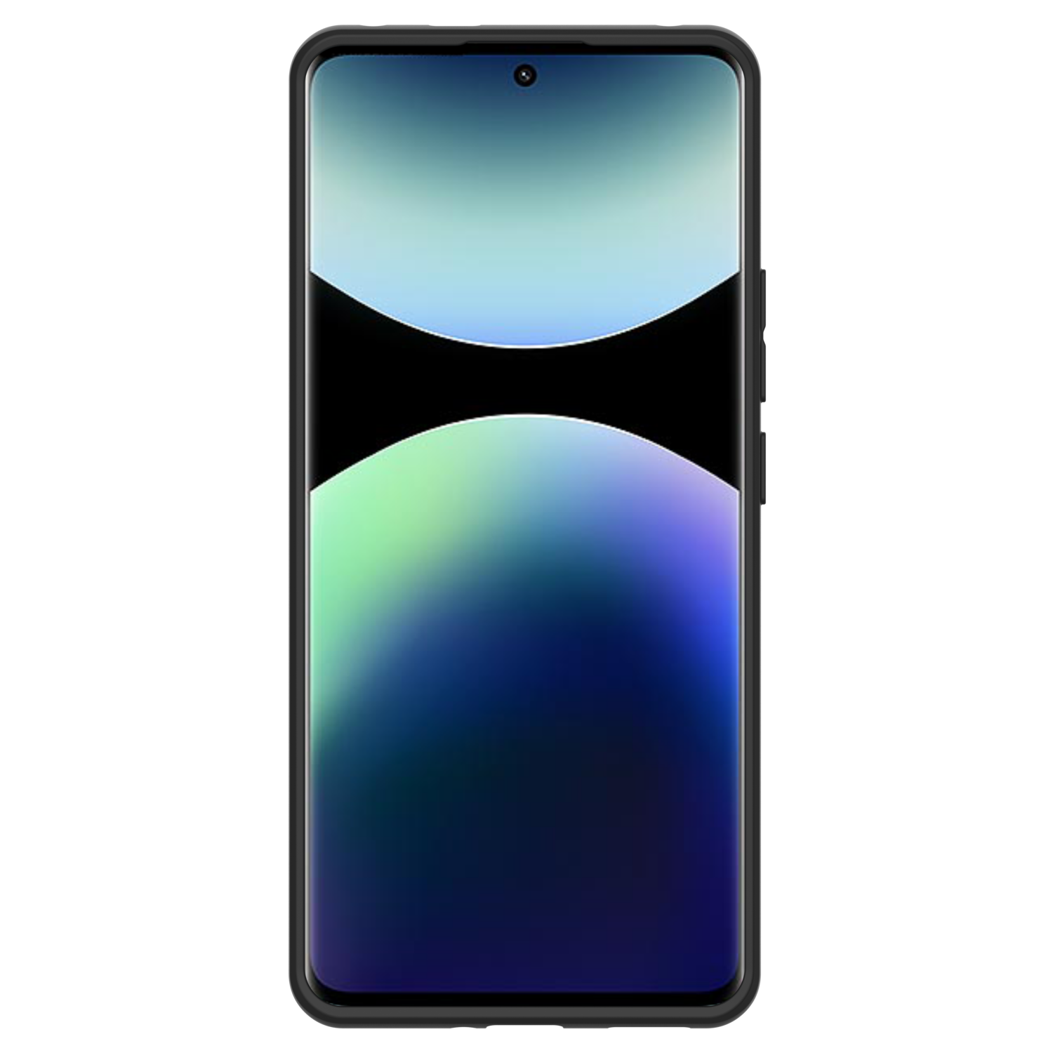 Smartphone met een scherm met een vervaagd, blauw en groen ontwerp.