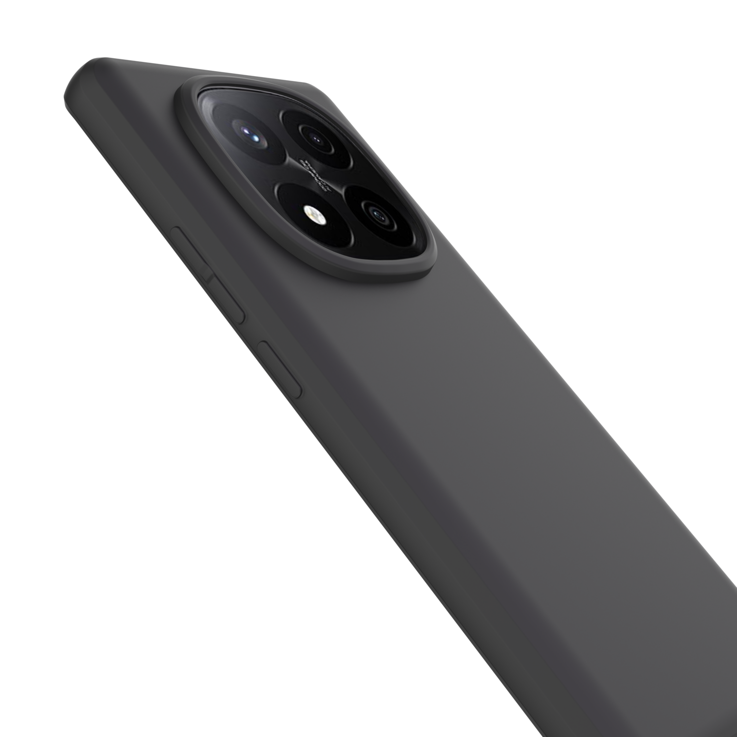 Een donkergrijze telefoon met een gebogen achterkant en meerdere cameralenzen, tegen een zwarte achtergrond.