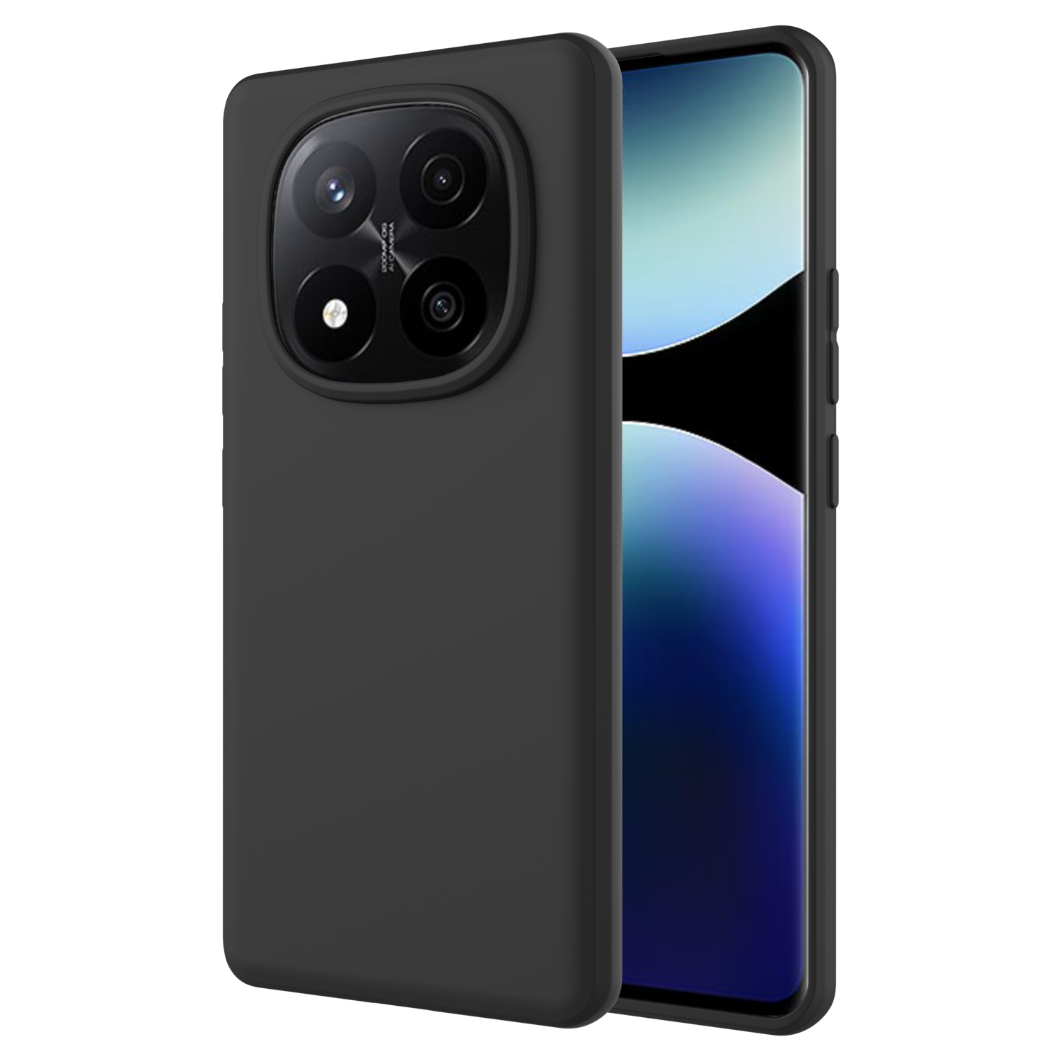 Een zwarte telefoonhoes met een cirkelvormige camerabult op een witte achtergrond.