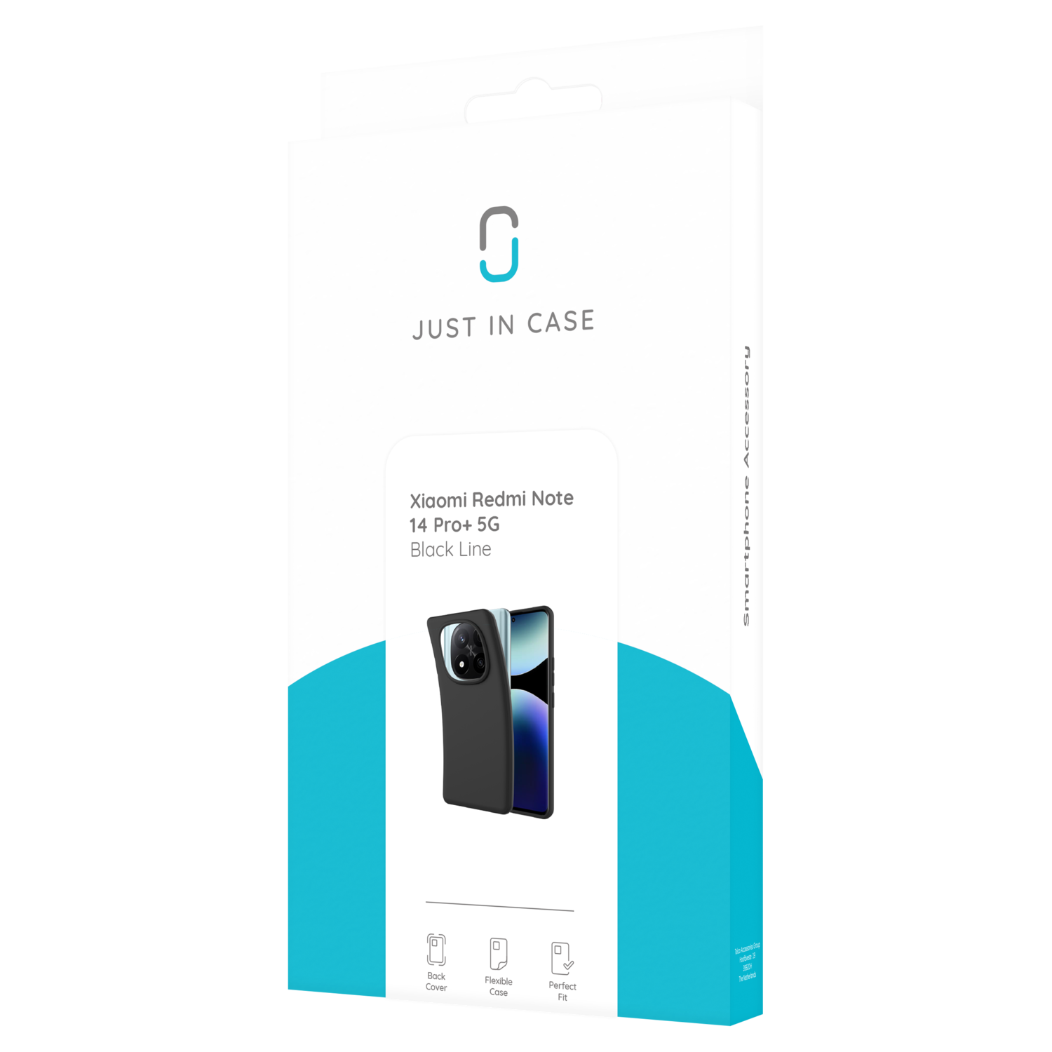 Een telefoonhoesjesdoos met de telefoonhoes zichtbaar door een venster. Tekst bevat 'Just in Case'.