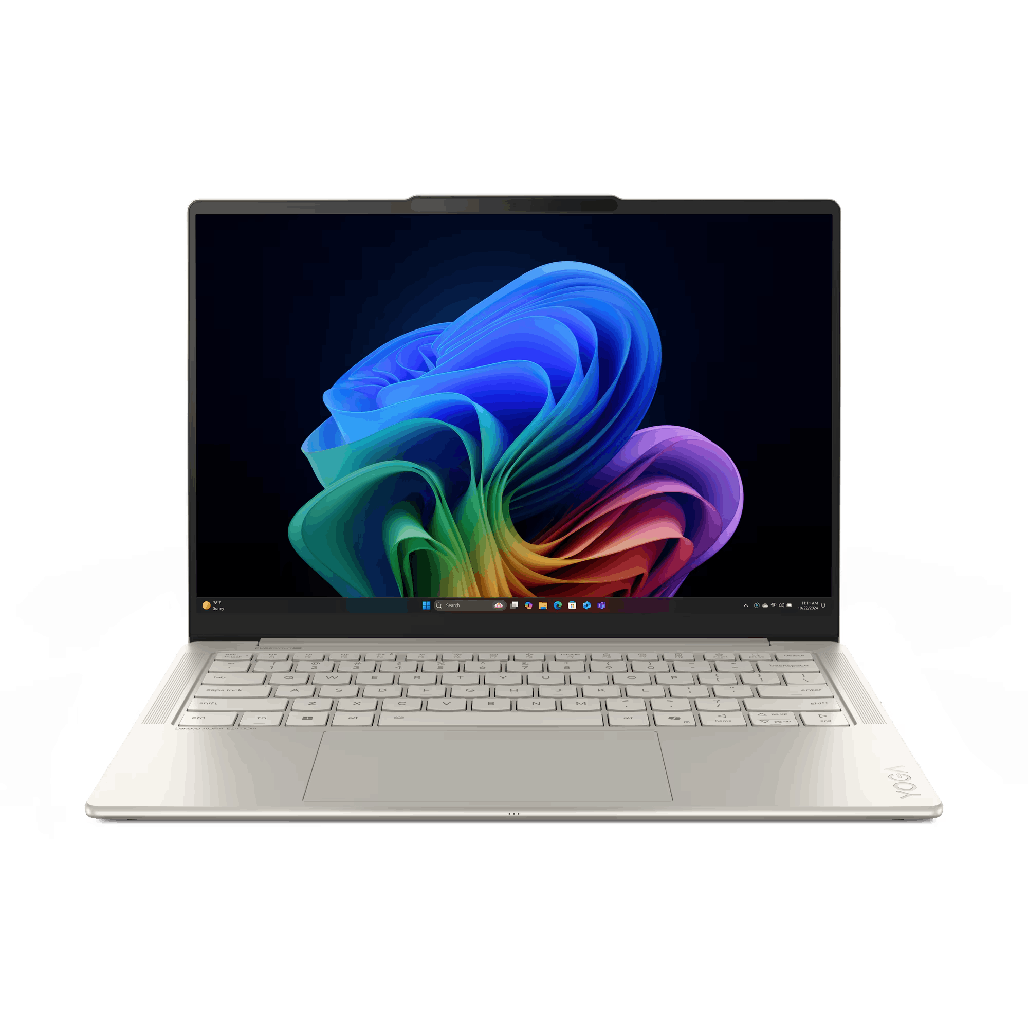 Portátil plateado con la pantalla mostrando una imagen abstracta colorida, abierto sobre un escritorio.