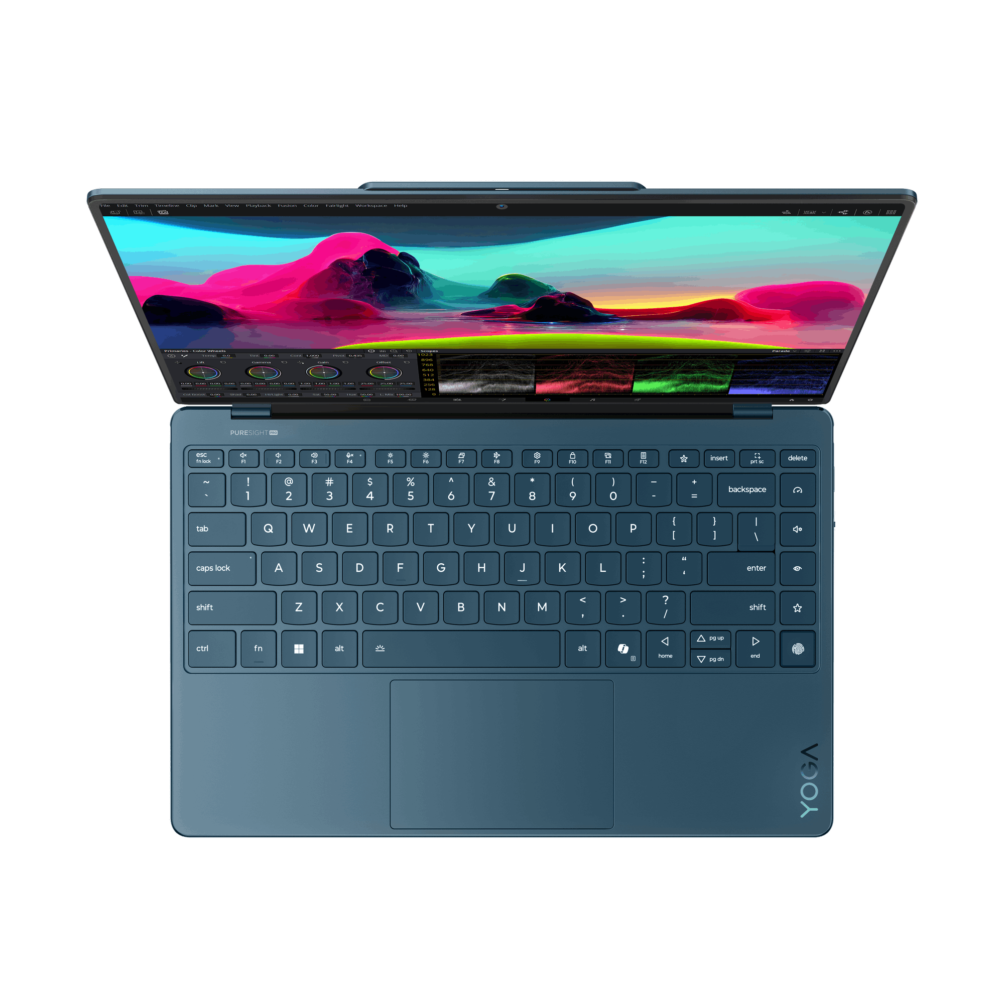 Vista superior de un portátil azul con pantalla abierta mostrando colores, teclado y panel táctil.