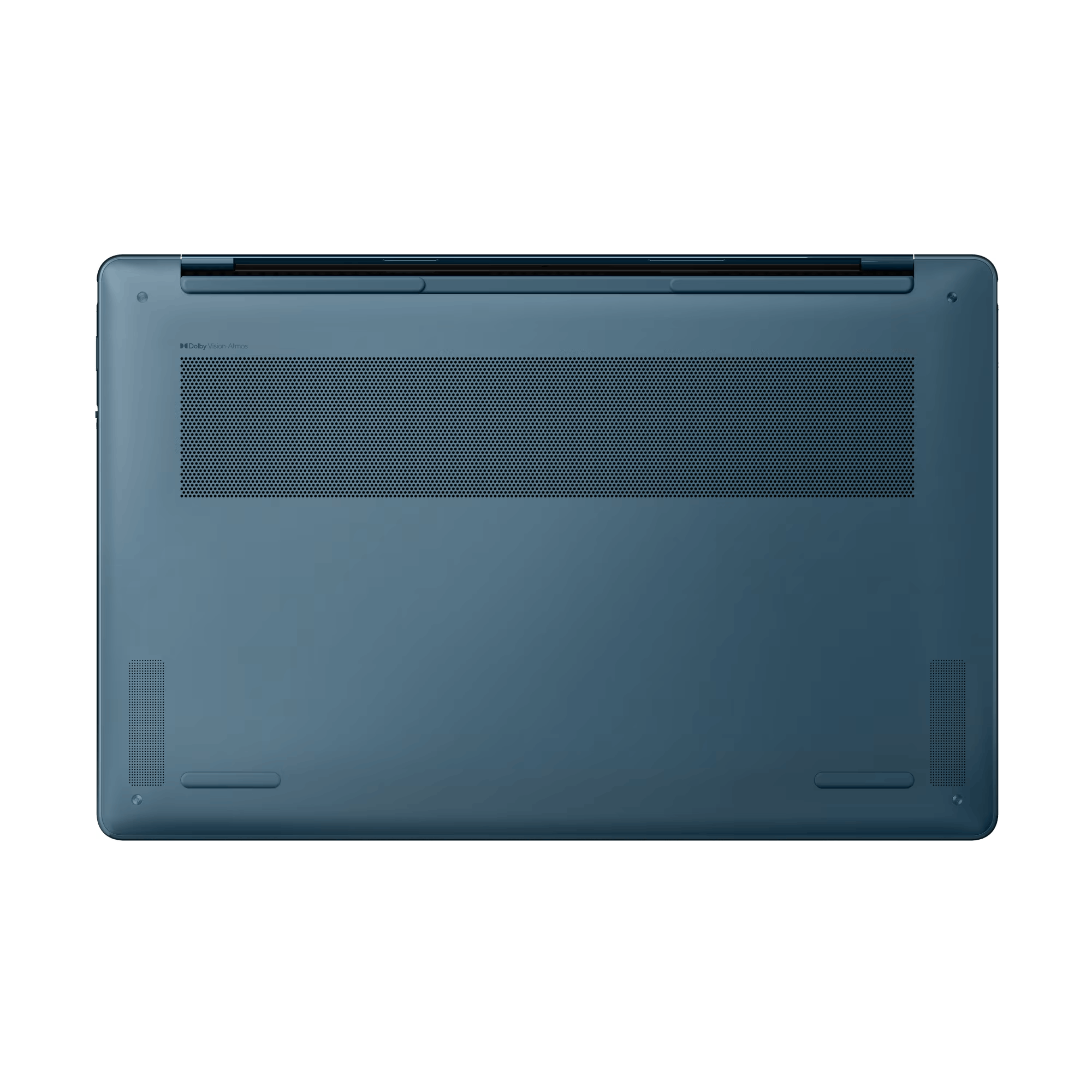 Parte inferior de una laptop azul con ventilaciones. Hay pequeños pies de goma en la parte inferior.