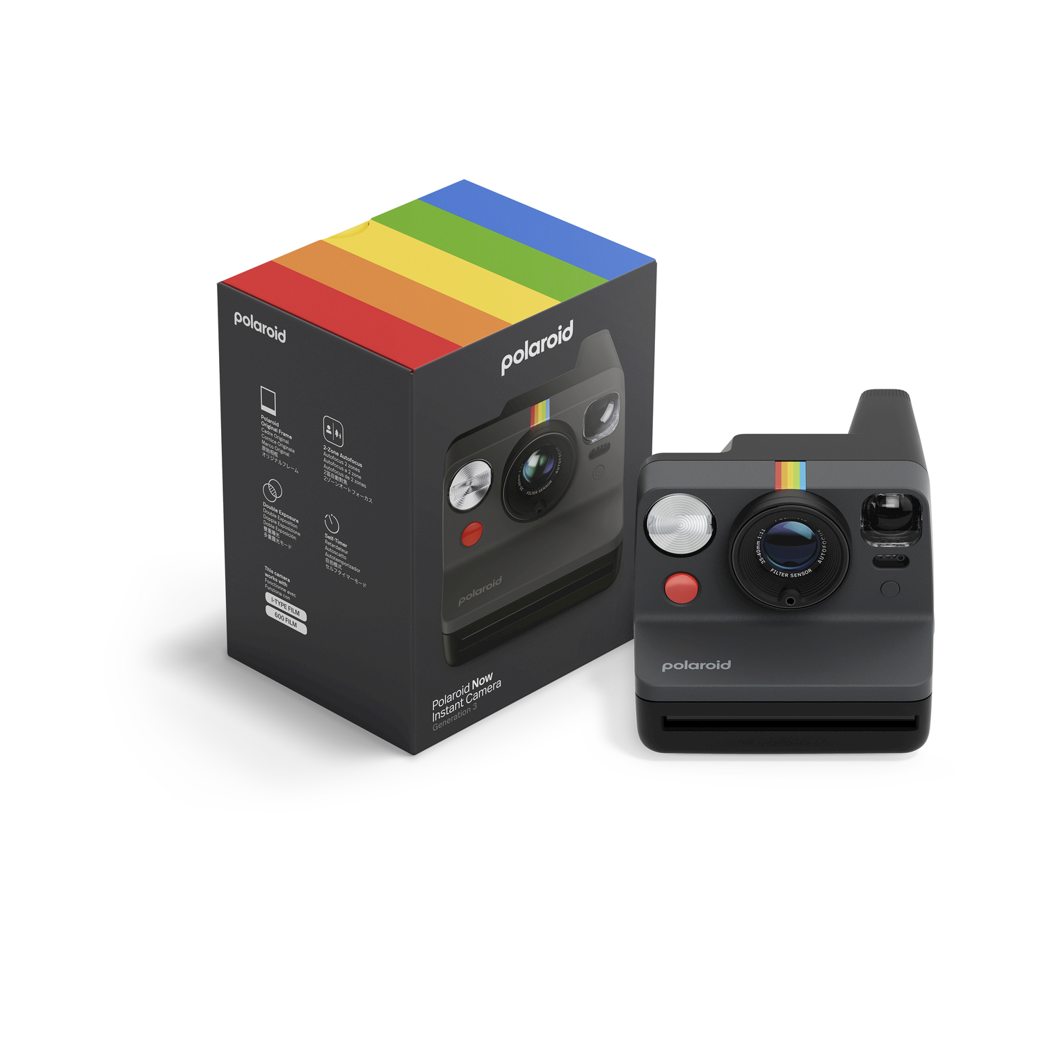 Una fotocamera istantanea Polaroid Now con la sua scatola. La fotocamera è nera con una striscia arcobaleno.
