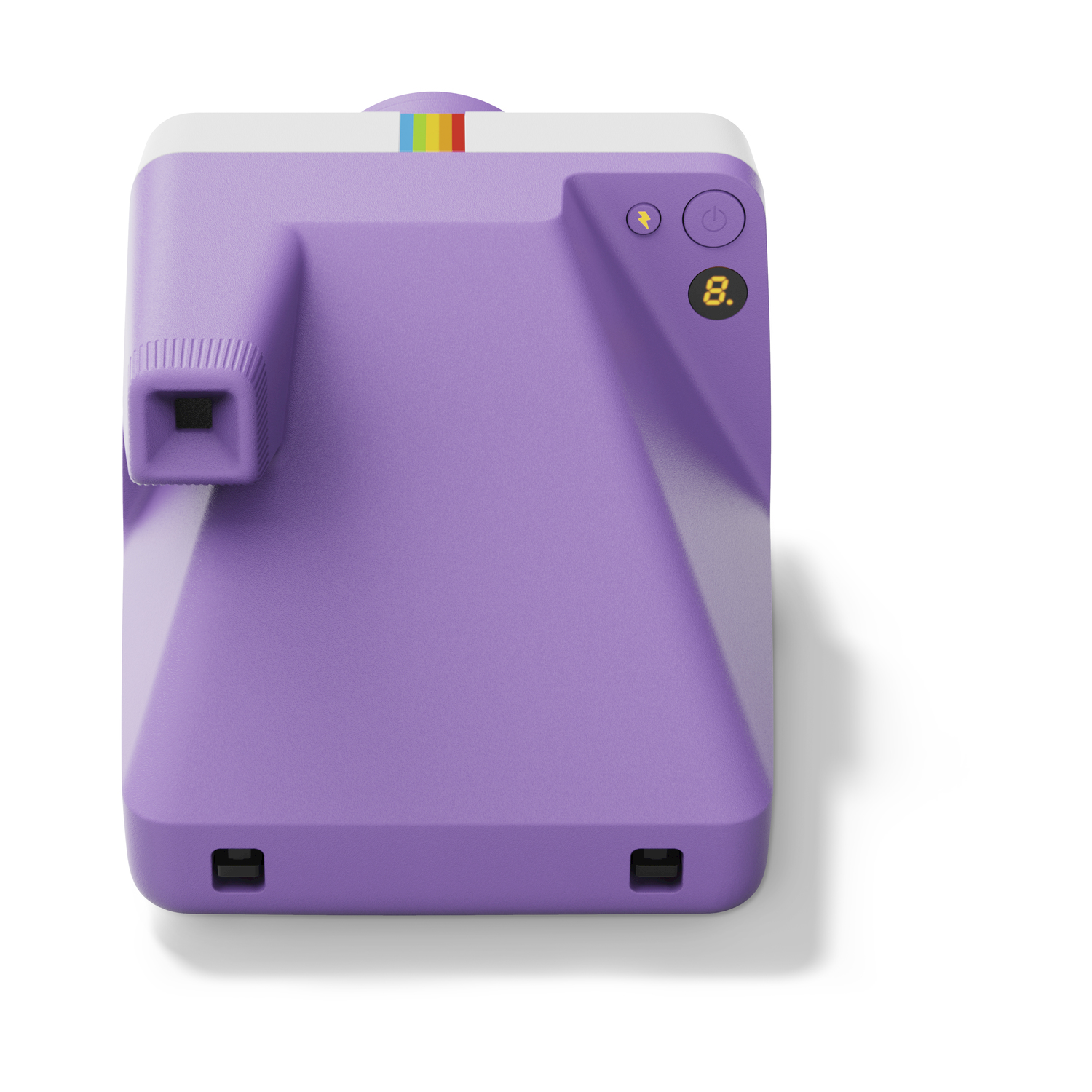 Una fotocamera istantanea viola con una striscia arcobaleno. Ha un obiettivo e un pulsante di accensione.