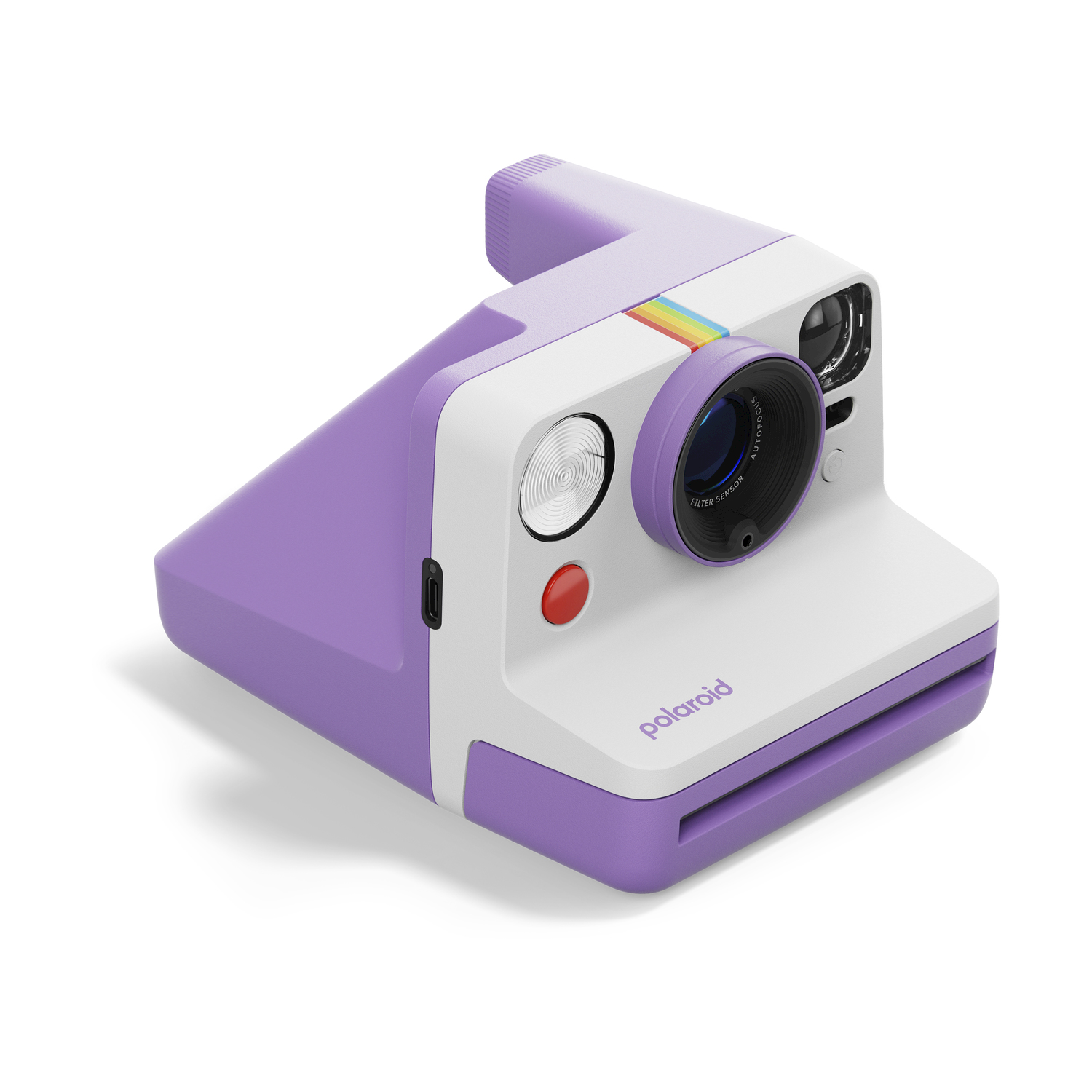 Una fotocamera Polaroid viola e bianca con una striscia arcobaleno sulla parte superiore.