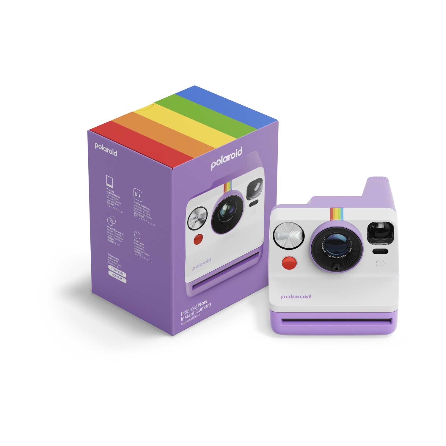Fotocamera Polaroid viola con una striscia arcobaleno su sfondo bianco.