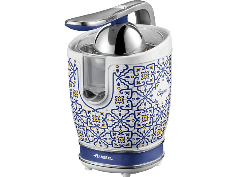 Exprimidor - Ariete Capri, 0.6 l, 85 W, Boquilla de Acero inoxidable Antigoteo, Dos Conos, Azul/Blanco