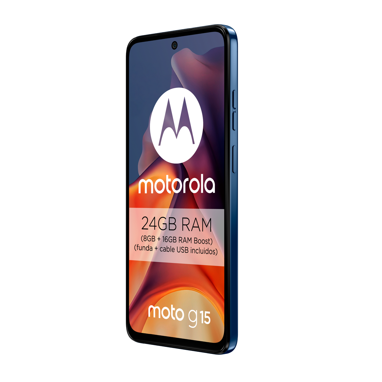 Un smartphone Motorola Moto G15 con una pantalla que muestra el logotipo de la marca y las especificaciones. Bordes azules.