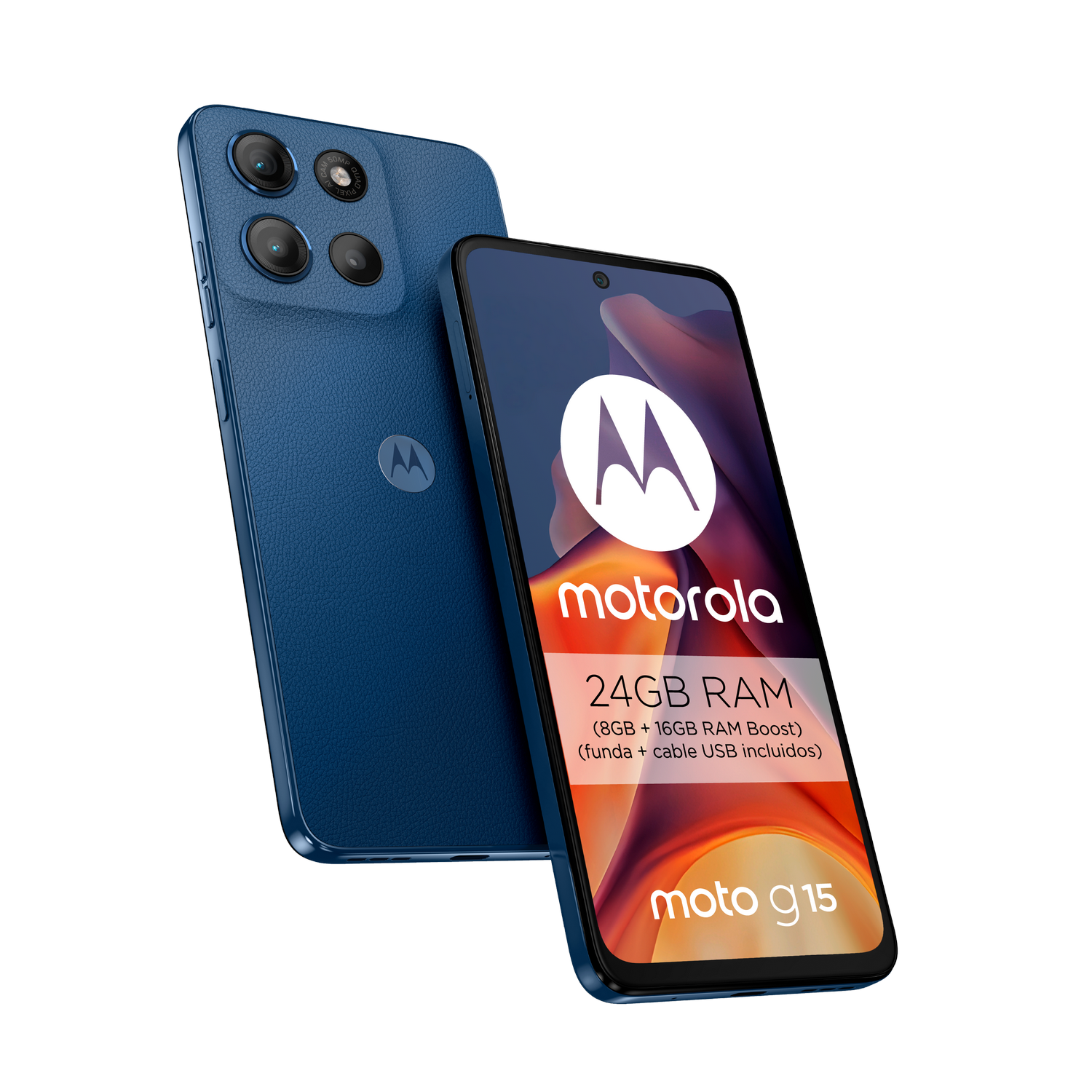 Teléfono Motorola Moto G15 azul, con texto 24GB RAM, sobre blanco.