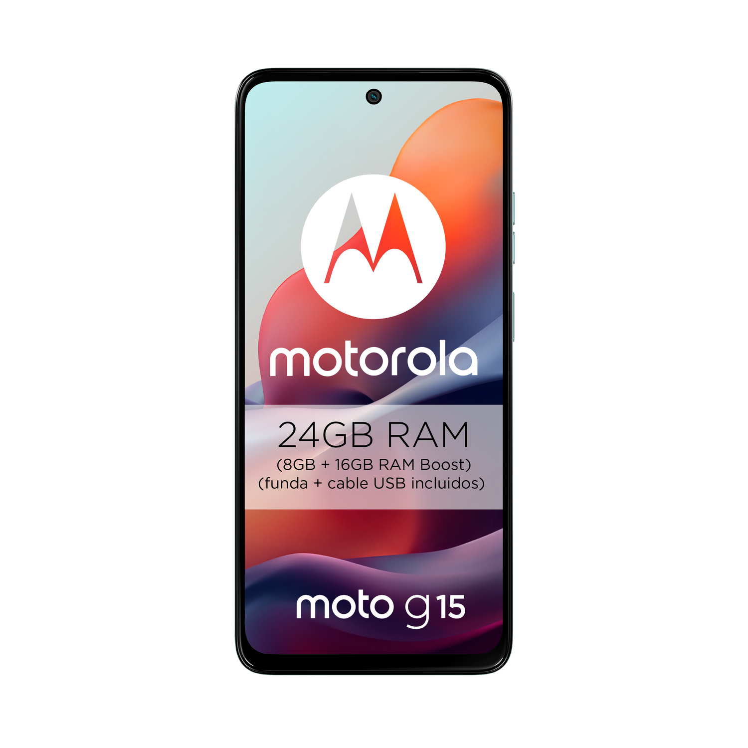 Teléfono Motorola Moto G15 con pantalla grande. Texto en la pantalla describe características.