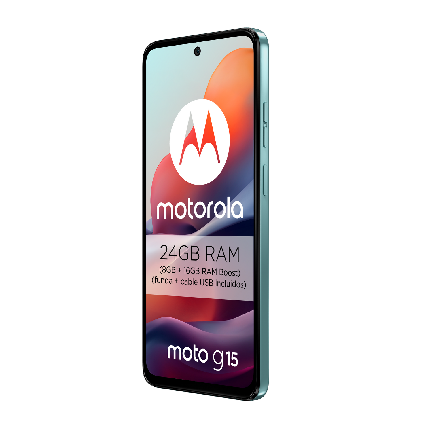 Teléfono Motorola, verde azulado, con logo, 24GB RAM y etiqueta Moto G15.