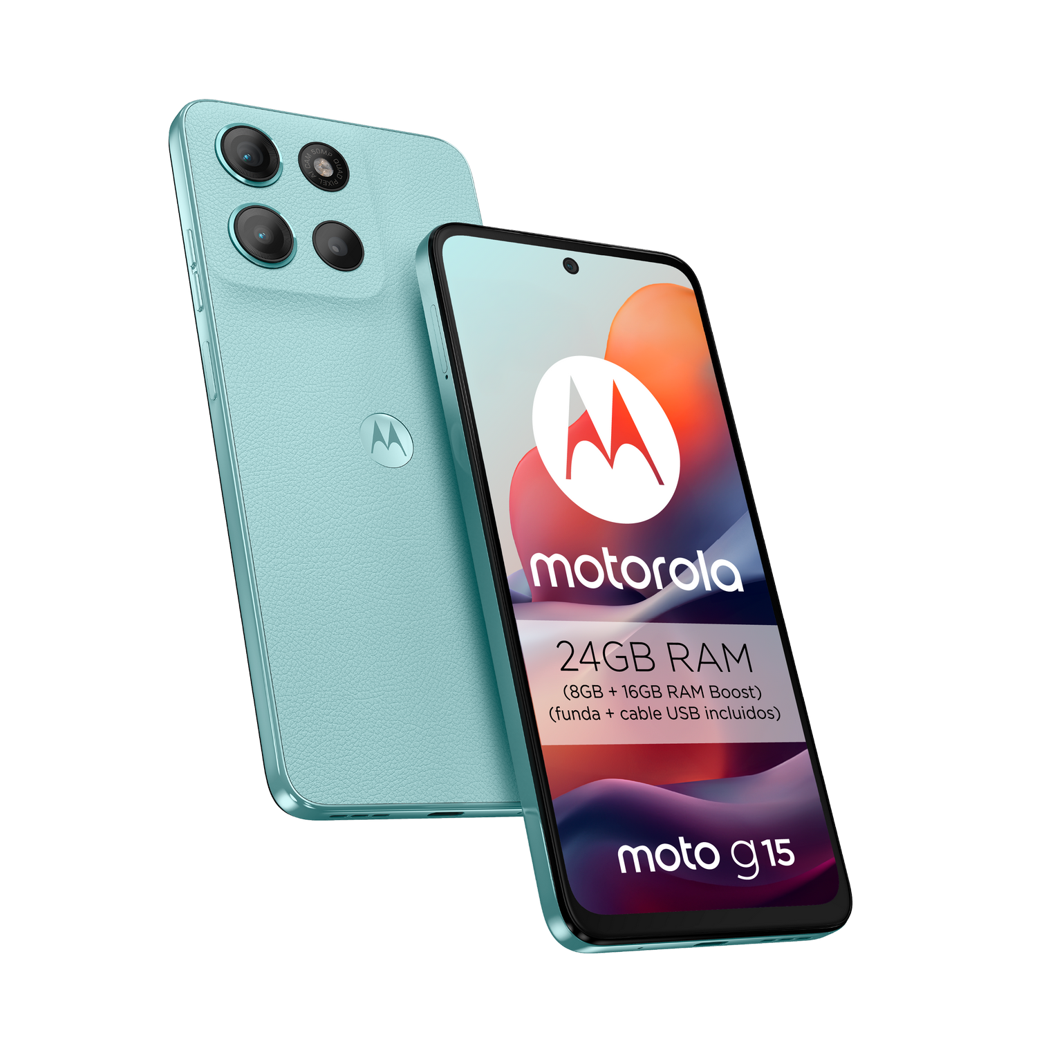 Un smartphone turquesa con cuatro cámaras traseras y una pantalla que muestra 'motorola'.