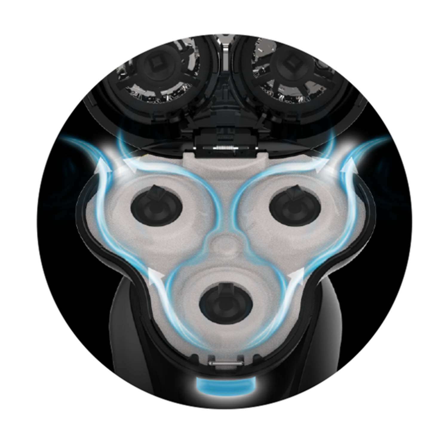Close-up of a shaver's head, showing three rotating blades and blue airflow detail.