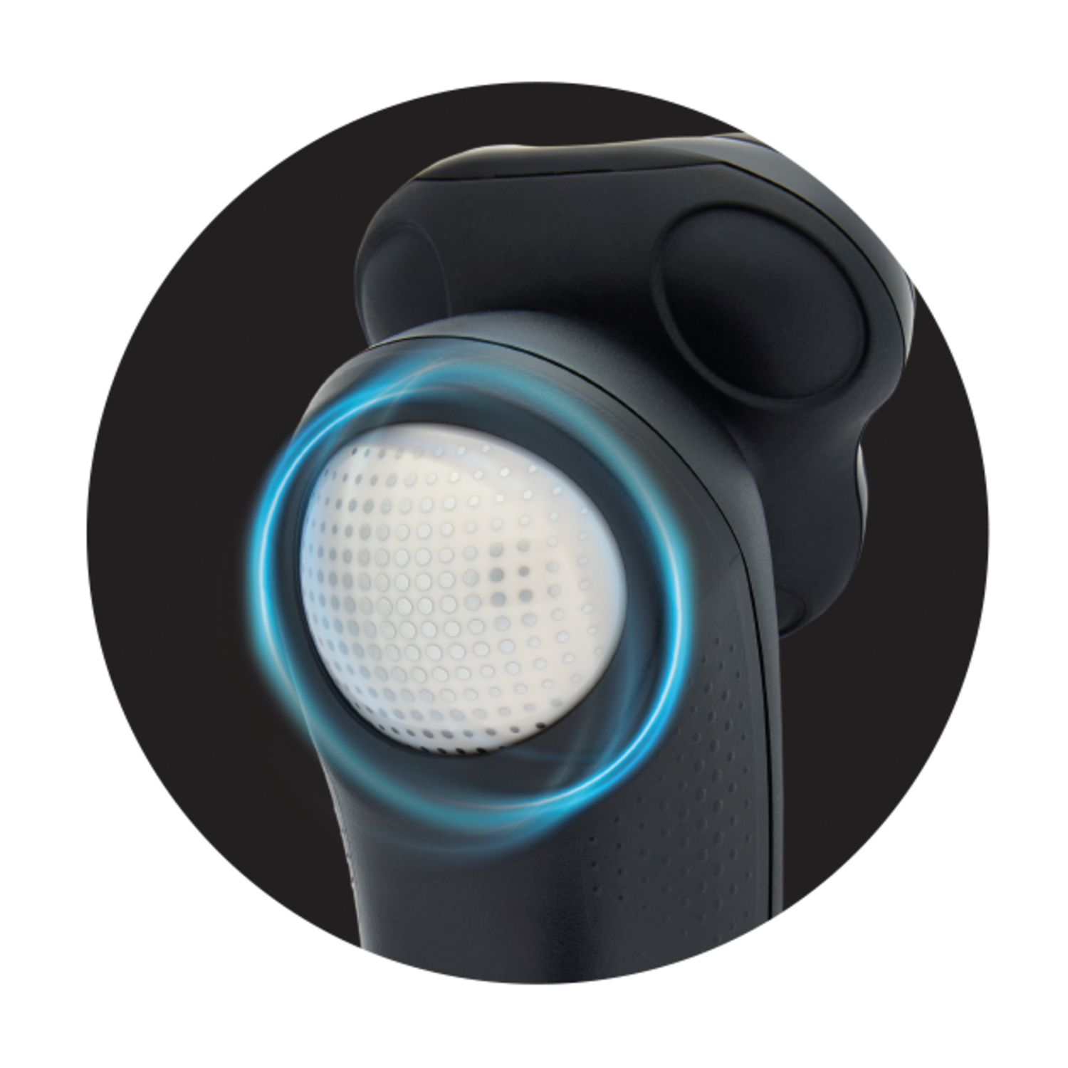 Close-up of a shaver head. Circular, with dots and a blue ring.