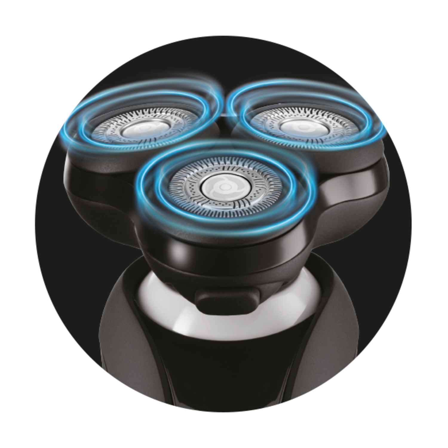 Close-up of an electric shaver's three rotating heads, black and silver.