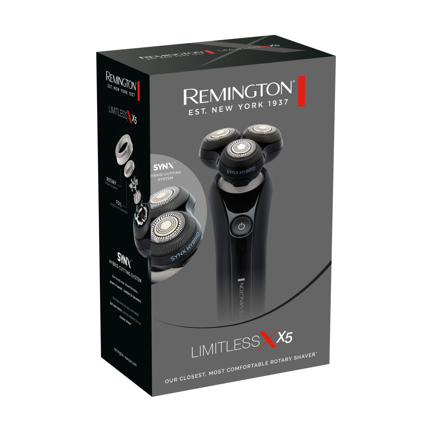 Remington shaver box with a shaver graphic. Text includes 'LIMITLESS X5'.
