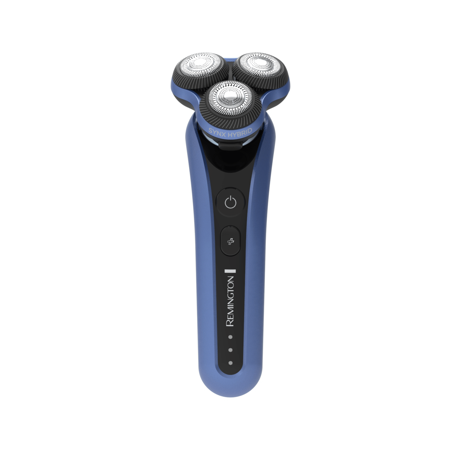 A blue electric shaver with three heads and a power button, on a white background.