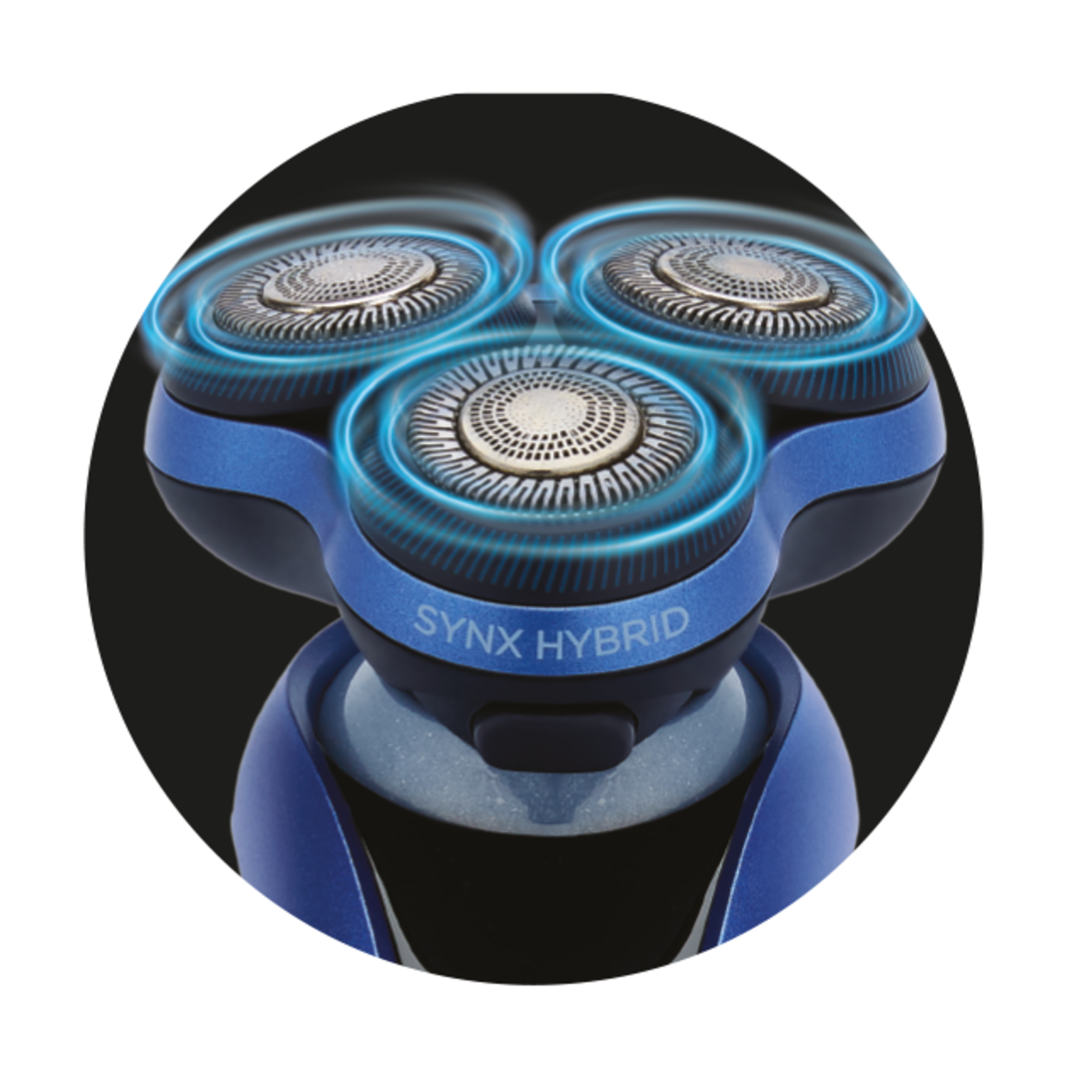 A close-up of a blue and silver electric shaver, labeled Synx Hybrid.